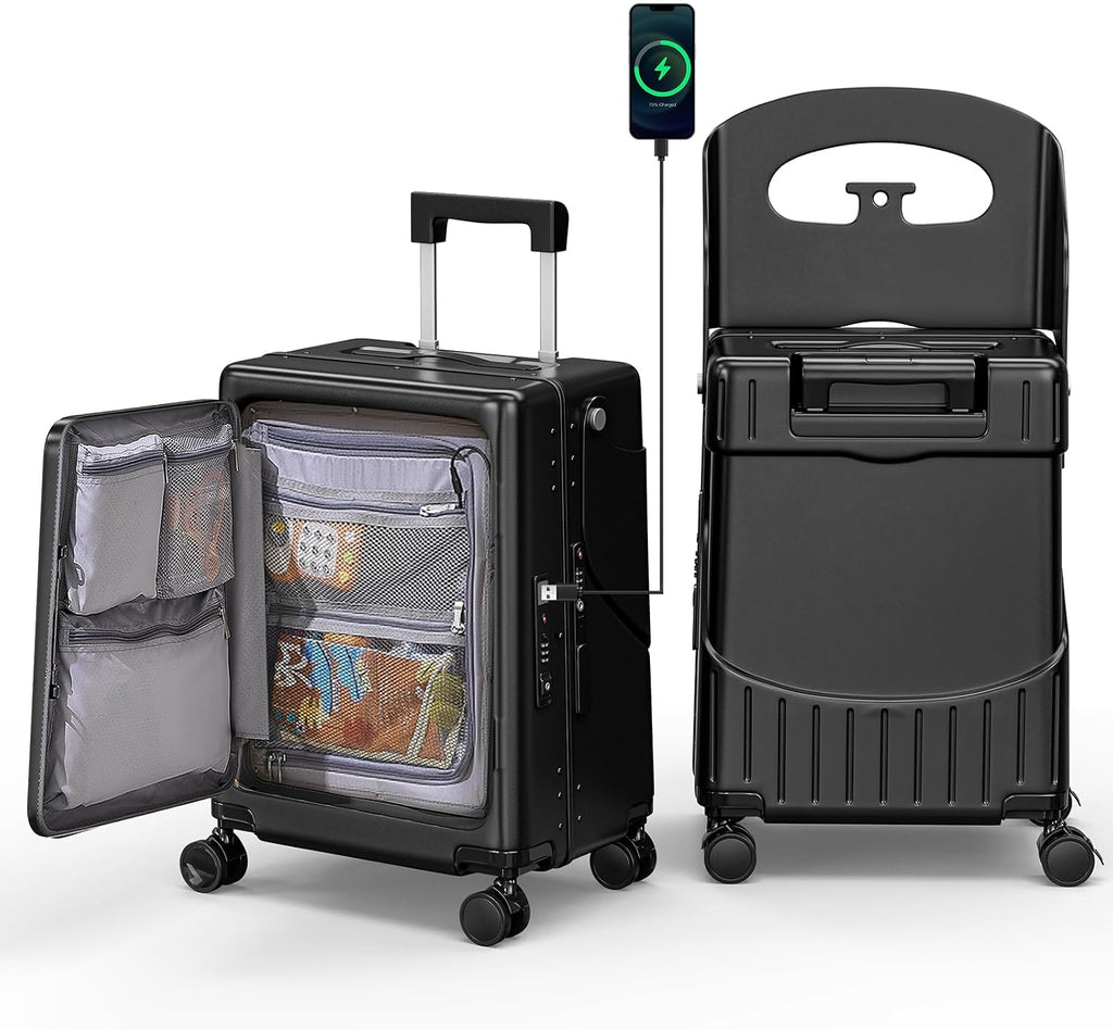 Hardshell Carry On Suitcase with Child Seat, Black Travel Luggage with Front Compartment & 4 Lockable Spinner Wheels, TSA Lock, USB Port, Luggage Cover, Safty Seatbelt (Front-Opening Black, 20 Inch)