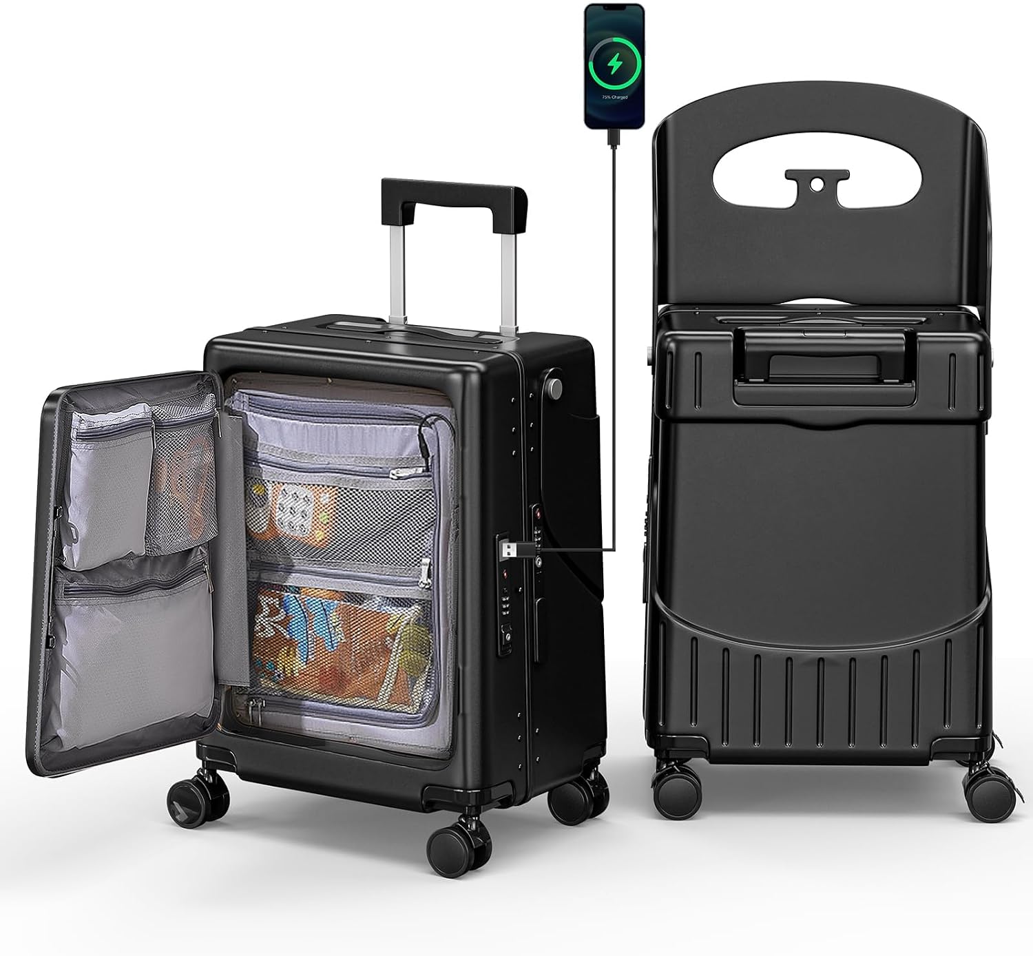 Hardshell Carry On Suitcase with Child Seat, Black Travel Luggage with Front Compartment & 4 Lockable Spinner Wheels, TSA Lock, USB Port, Luggage Cover, Safty Seatbelt (Front-Opening Black, 20 Inch)