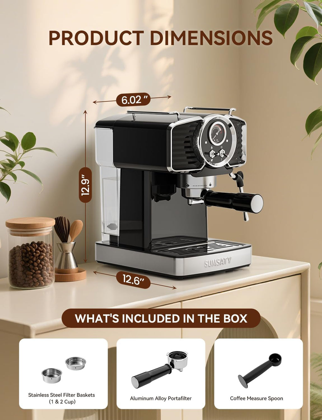 SUMSATY Espresso Machine 20 Bar Espresso Maker with Milk Frother Steam Wand, Professional Expresso Machine for Home Cappuccino & Latte Maker, Retro Coffee Maker with 61oz Water Tank, Black
