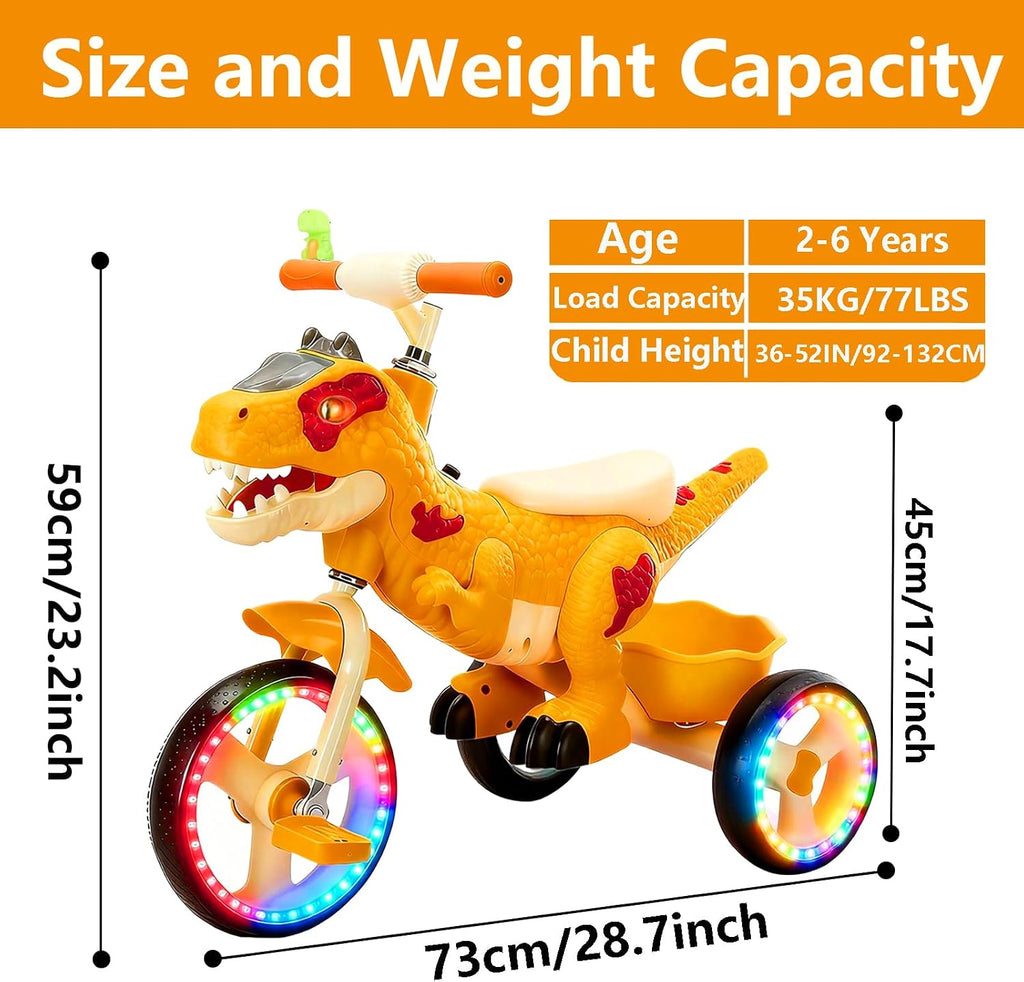 NMM Dinosaur Tricycle for Toddlers, Kids Trike with Music, LED, Tricycles for 3-5 Year Olds, for Rider, Big Wheel, Storage Basket, Horn, Toddler Bike for Boy, Dinosaur Toys for Kids 2-4 4-7