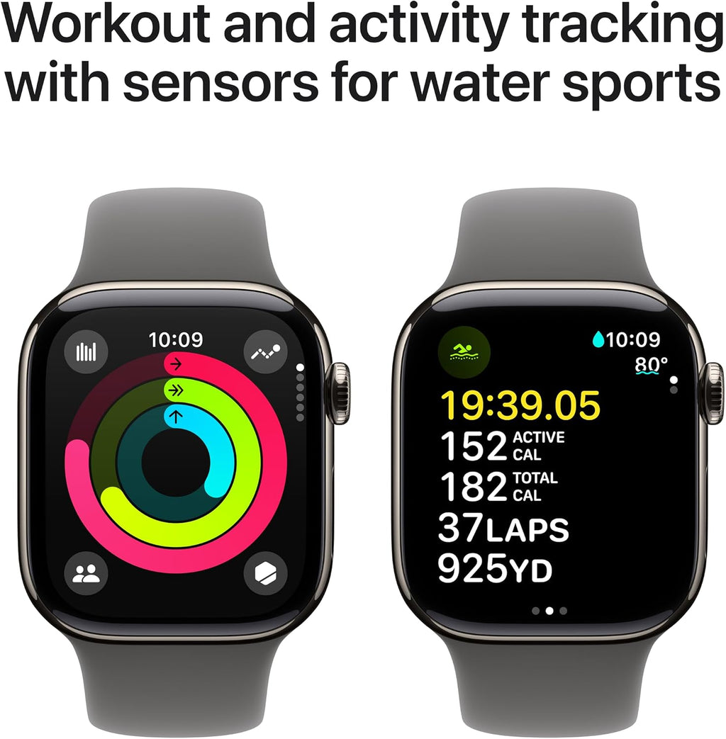 Apple Watch Series 10 [GPS + Cellular 42mm] with Natural Titanium Case with Stone Grey Sport Band - S/M. Fitness Tracker, ECG App, Always-On Retina Display, Water Resistant with AppleCare+ (2 Years)