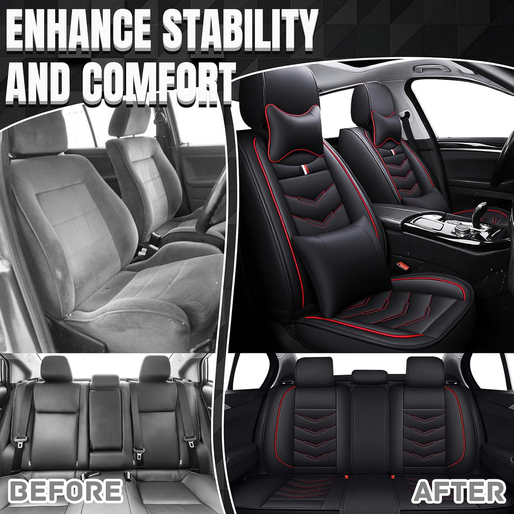 Car Seat Covers Fit for GMC Yukon XL 2000-2025, Leather Seat Covers for Car, Waterproof Non-Slip Durable Car Seat Protector(5 Seats with Pillow,Black Red)