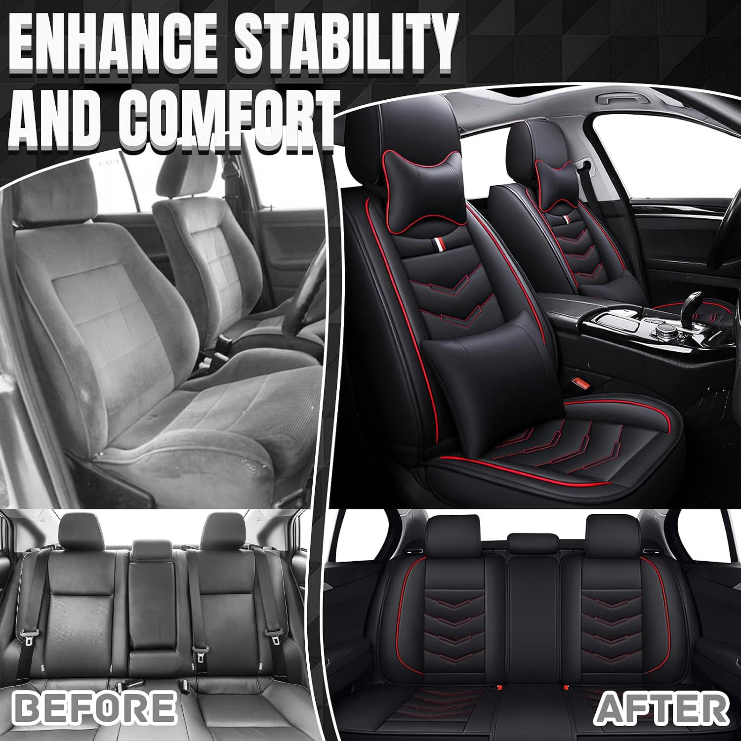 Car Seat Covers Fit for GMC Yukon XL 2000-2025, Leather Seat Covers for Car, Waterproof Non-Slip Durable Car Seat Protector(5 Seats with Pillow,Black Red)