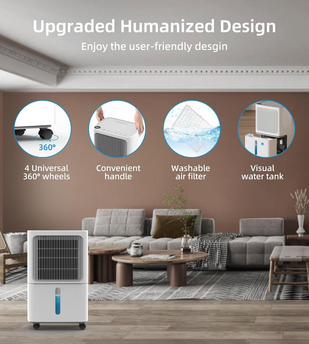 VEAGASO 2500 Sq. Ft Dehumidifier for Basement, 34 Pint Dehumidifiers For Home, Large Room, Auto Drain or Manual Drainage, Digital Control Panel, Auto Defrost, 24H Timer
