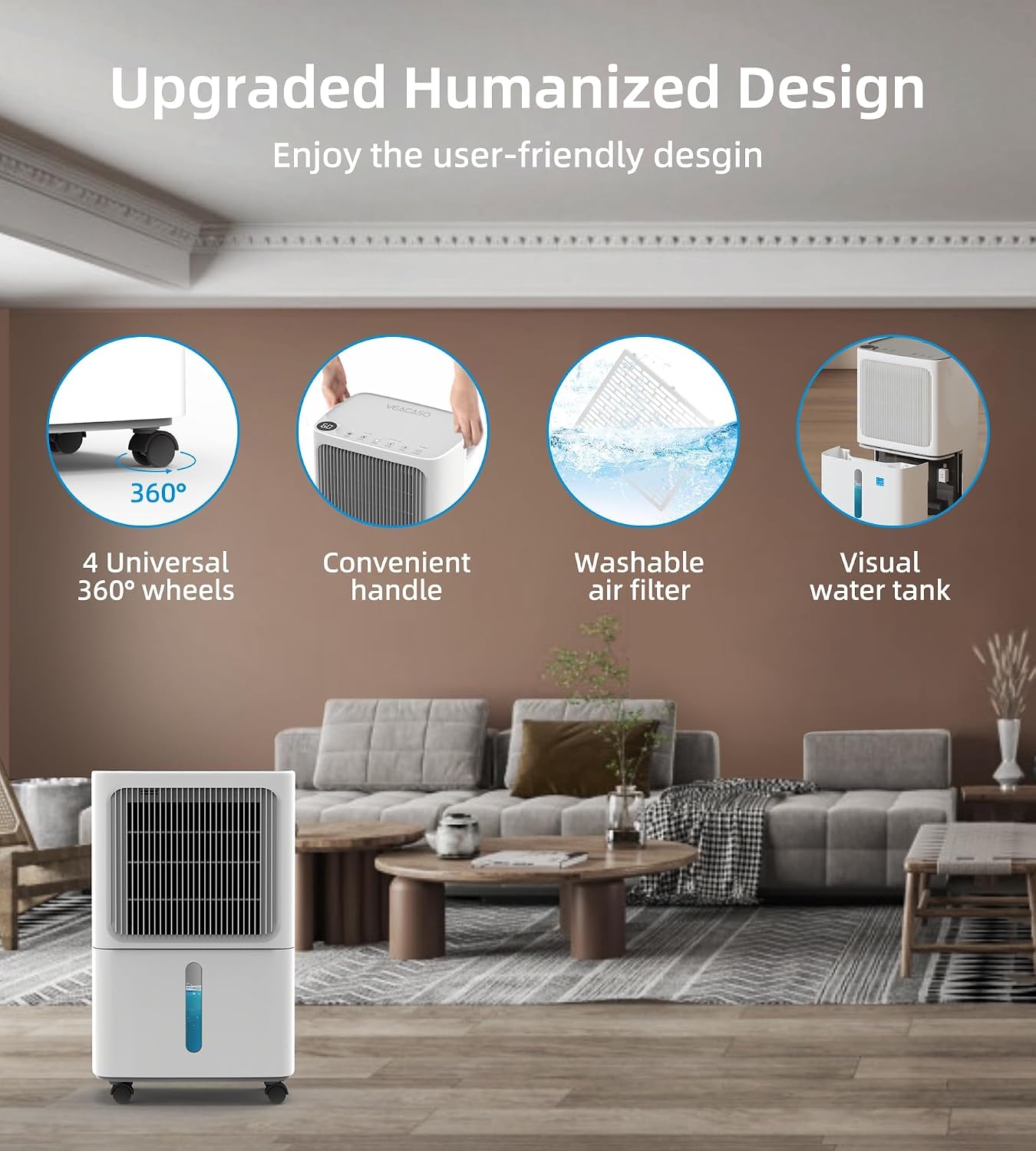 VEAGASO 2500 Sq. Ft Dehumidifier for Basement, 34 Pint Dehumidifiers For Home, Large Room, Auto Drain or Manual Drainage, Digital Control Panel, Auto Defrost, 24H Timer