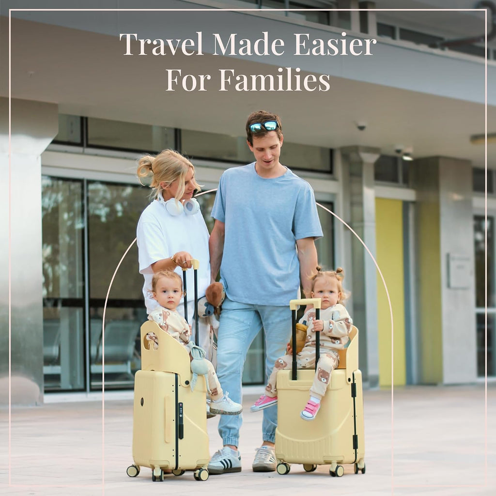 RAINRO & CO Butter Beige 20' Ride-On Suitcase for Kids (Ages 3–5), Carry-On Luggage with Seat, Spinner Wheels, TSA Lock & Lightweight Durable Hardshell