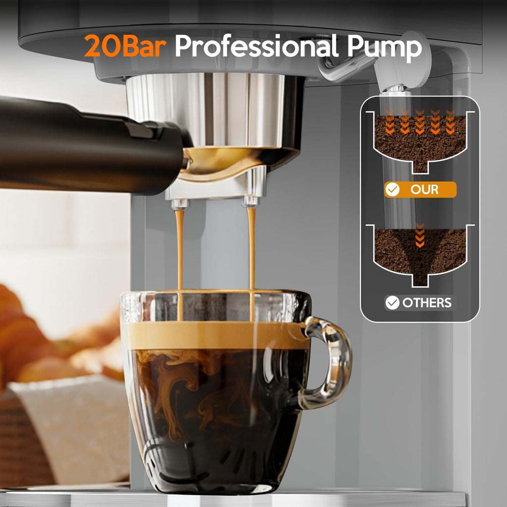 20 Bar Espresso Machine Semi-Automatic, Professional Coffee Maker with Milk Frother Steam Wand & 45OZ Removable Water Tank, Home Barista System for Cappuccino, Latte, Americano-Stainless Steel-Silver