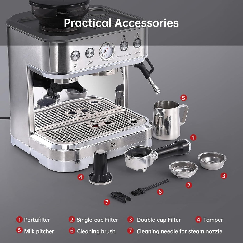 Garvee Espresso Machine with Milk Frother and Built-In Grinder, 3-in-1 Cappuccino Latte and Coffee Maker for Home, 85oz Removable Water Tank, Ideal Gift for Dad, Mom, Coffee Lovers (Sliver)