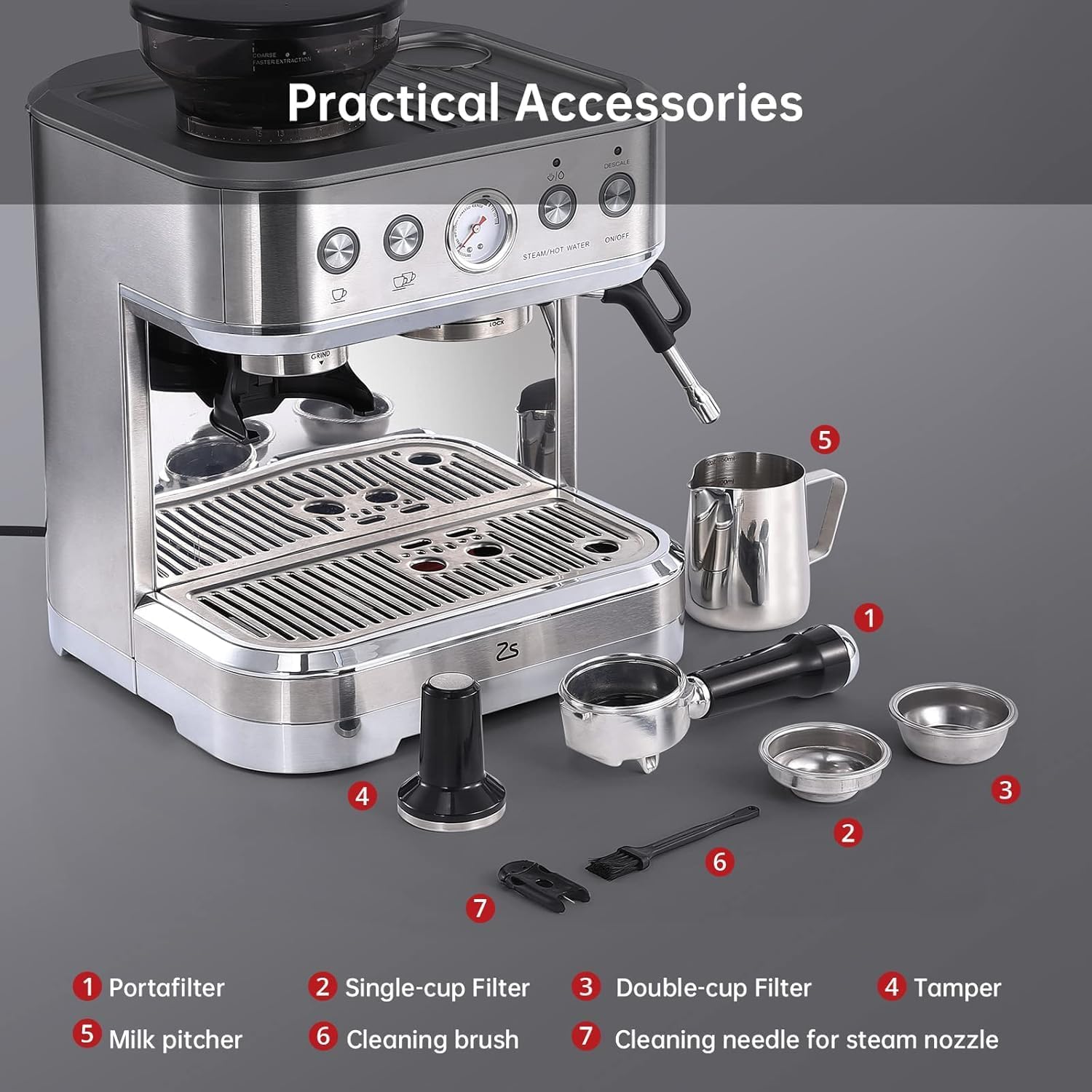 Garvee Espresso Machine with Milk Frother and Built-In Grinder, 3-in-1 Cappuccino Latte and Coffee Maker for Home, 85oz Removable Water Tank, Ideal Gift for Dad, Mom, Coffee Lovers (Sliver)