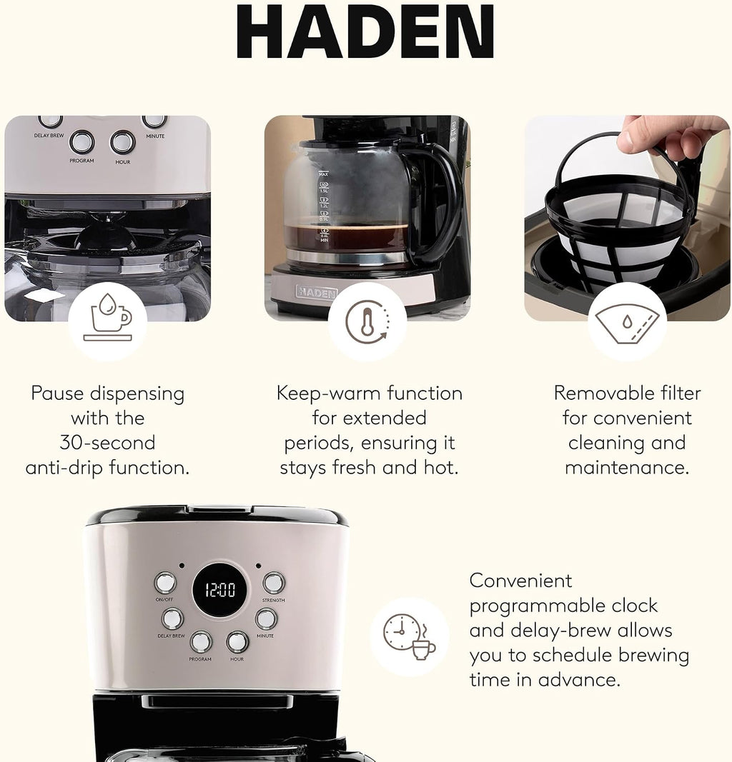 Haden 12 Cup Programmable Drip Coffee Maker Coffee Machine Bundled with Dorset 4 Slice Wide Slot Stainless Steel Toaster, Putty & Chrome