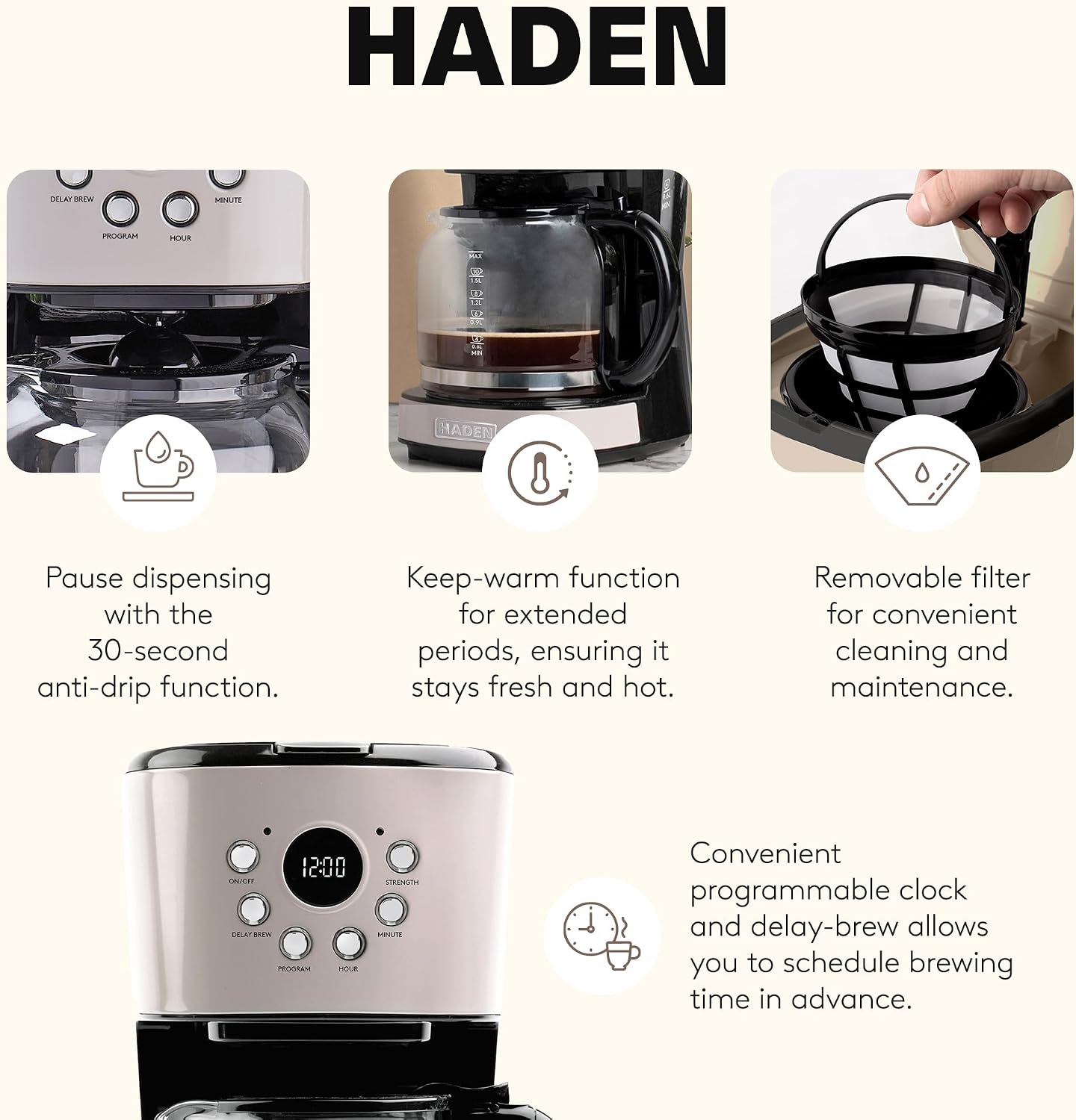 Haden 12 Cup Programmable Drip Coffee Maker Coffee Machine Bundled with Dorset 4 Slice Wide Slot Stainless Steel Toaster, Putty & Chrome
