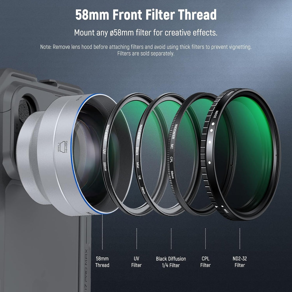 NEEWER 65mm HD Telephoto Phone Camera Lens with Hood (Silver), 1.7X Zoom Lens Attachment for 17mm Thread Backplate, Phone Cage & Case Compatible with iPhone Android, LS-66