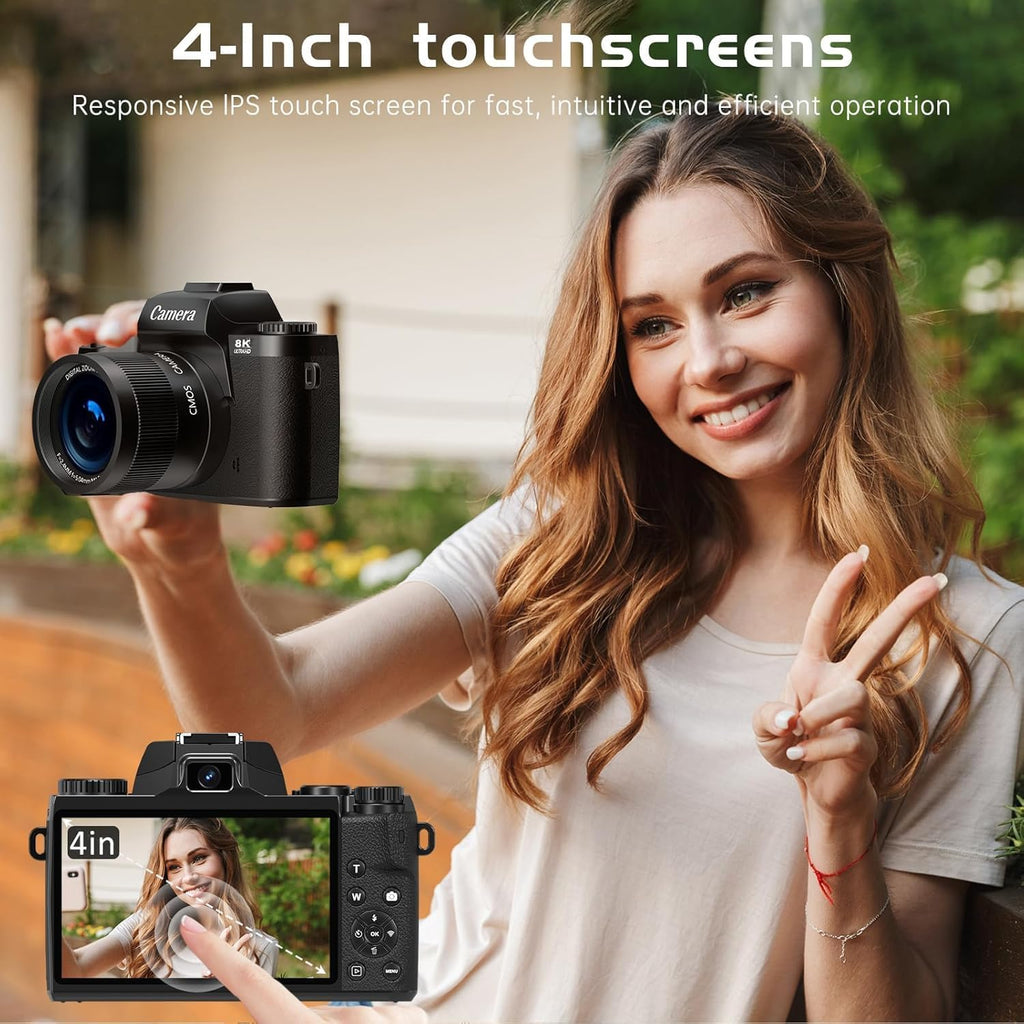 8K Digital Camera for Photography, WiFi & 4' Touch Screen Vlogging Camera for YouTube with Dual-Lens, 64MP Vlog Cameras 16X Digital Zoom with 32GB TF Card, 3000mAh Battery, Lens Hood, Black