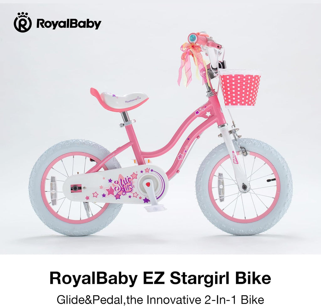 RoyalBaby Girls Bike, Stargirl EZ Kids Bike Balance and Pedal Bicycle with Basket and Dual Handbrake, 12 14 16 18 Inch Toddlers to Big Kids 3-8 Years, Multiple Colors