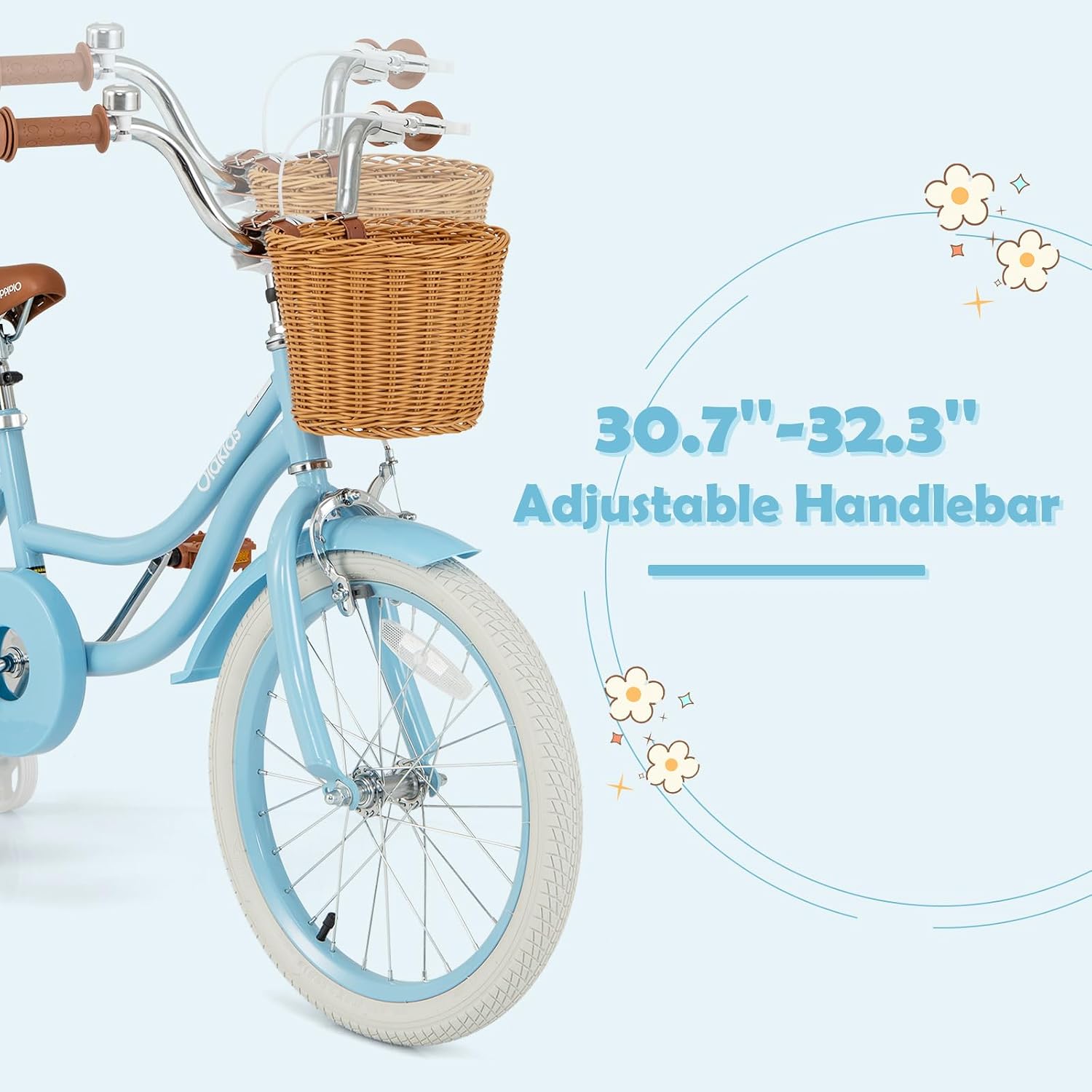 Olakids Kids Bike, 12 14 16 18 20 Inch Toddlers Bike with Training Wheels Rattan Basket Safety Bell Adjustable Seat and Handlebar, Children's Bicycle for Girls Boys