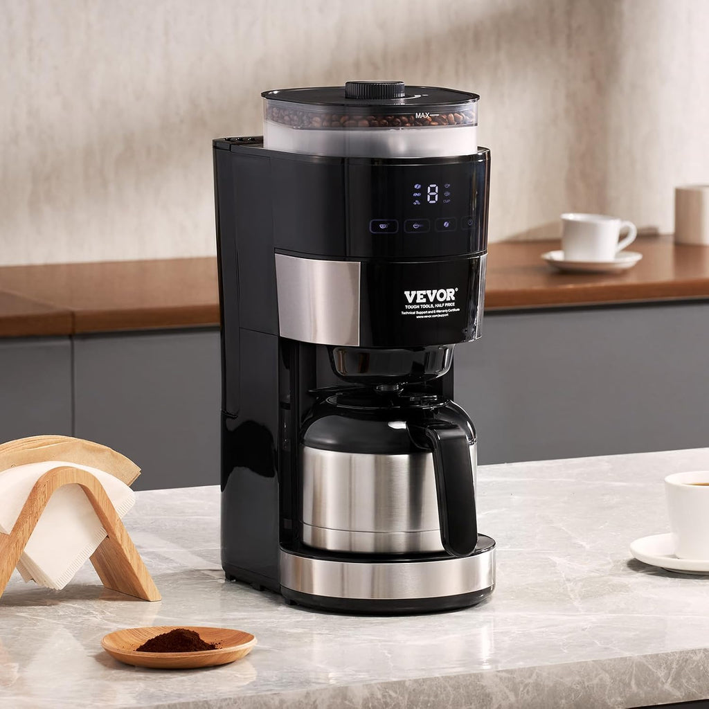 VEVOR Coffee Maker with Grinder, 8 Cup Programmable Coffee Machine, Grind and Brew Coffee Maker with 3 Brew Strength Control, Reusable Filter, Removable Water Tank, for Home Office Restaurant