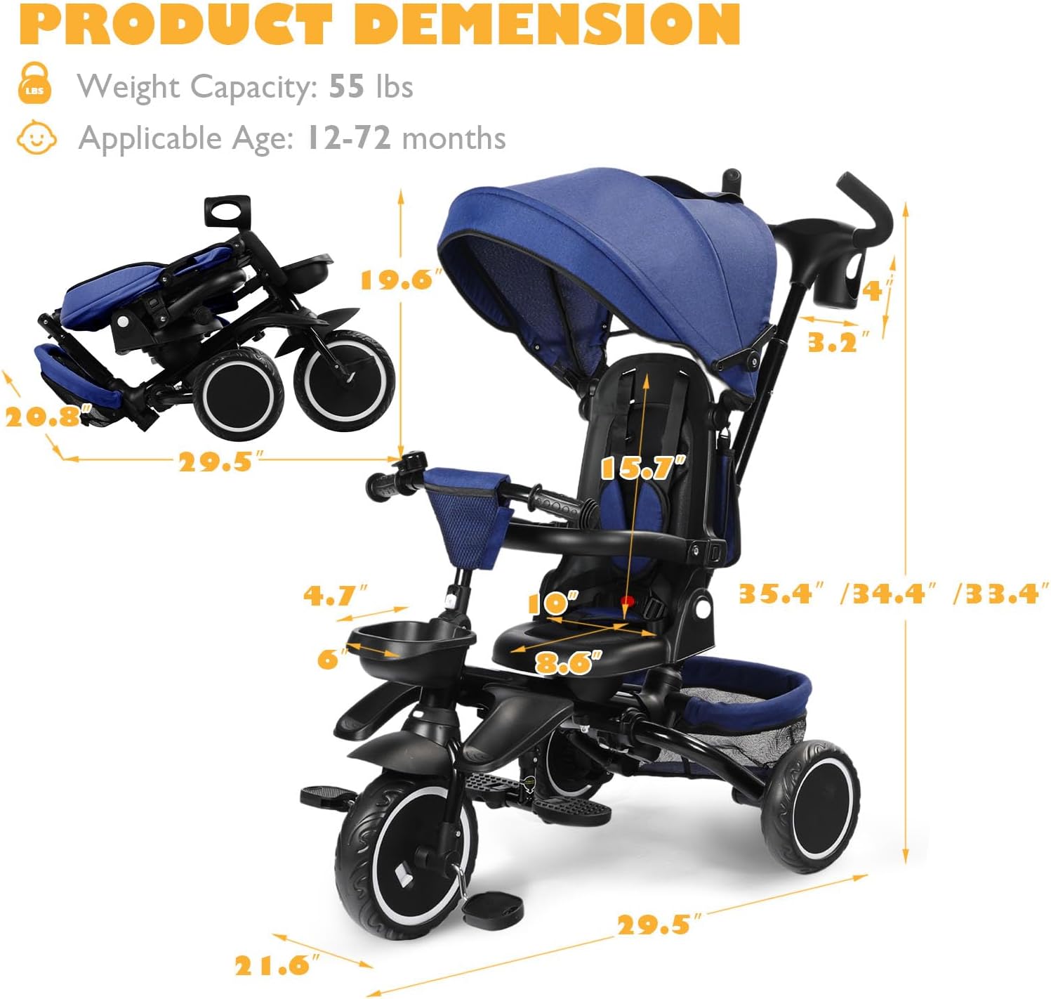 TODEFULL Folding Kids Tricycle, 8 in 1 Toddler Trike W/Removable & Adjustable Canopy, Parent Handle, 5-Piont Harness, Toddler Bike Tricycle for Kids 1-6 Years, EVA Wheels, Storage Basket, Blue