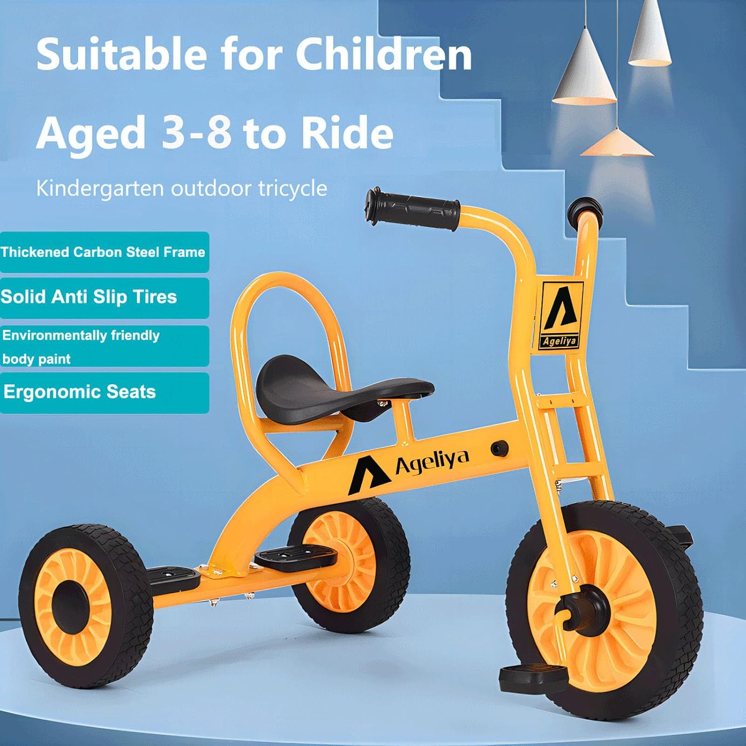 Kids Tricycle for Preschool Ages 3+, Ideal Outdoor Playground & Daycare Yard Trike, Durable Metal Pedal Trike, Sturdy Carbon Steel Frame, Solid Rubber Wheels, for Boys and Girls
