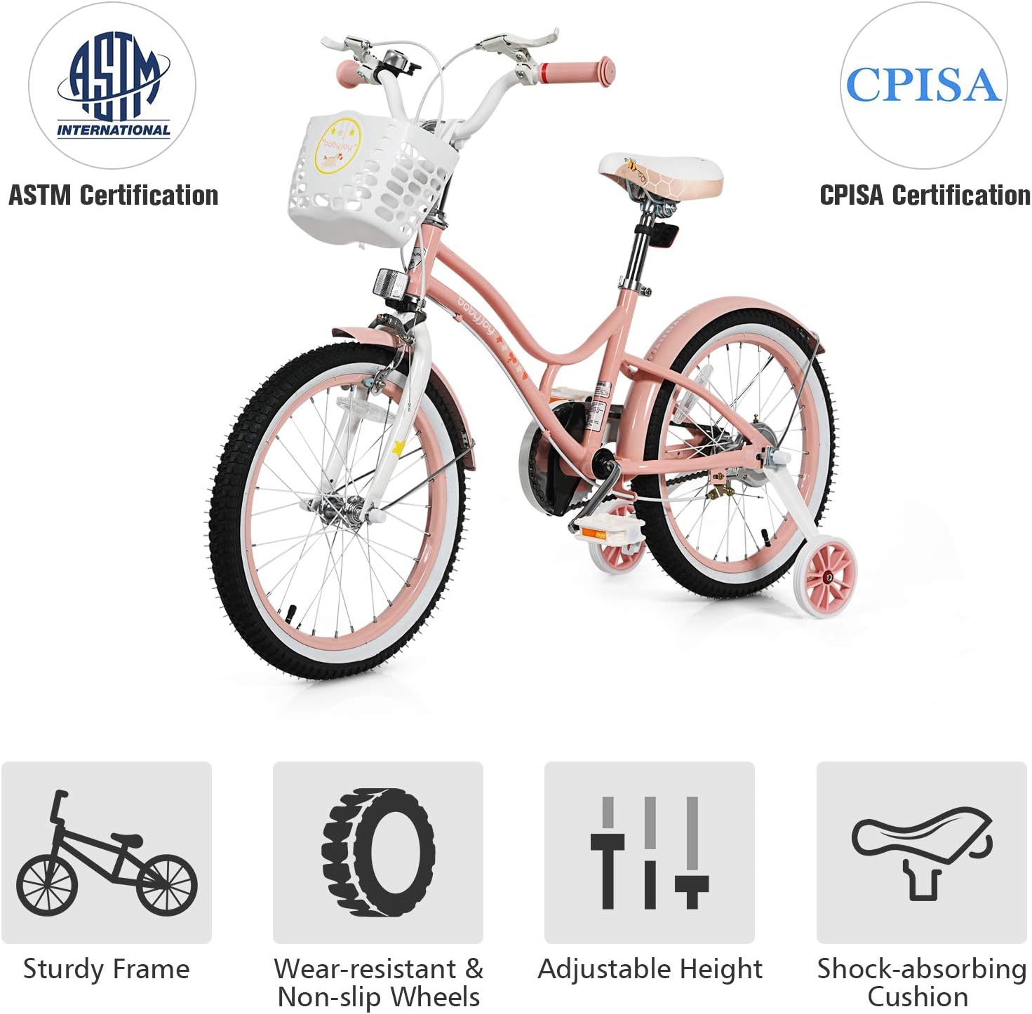 BABY JOY Girls Bike, 12' 14' 16' 18' Kids Bike for 3-8 Years Old with Training Wheels, Adjustable Seat & Handlebar, Handbrake & Coaster Brake, Children Bicycle