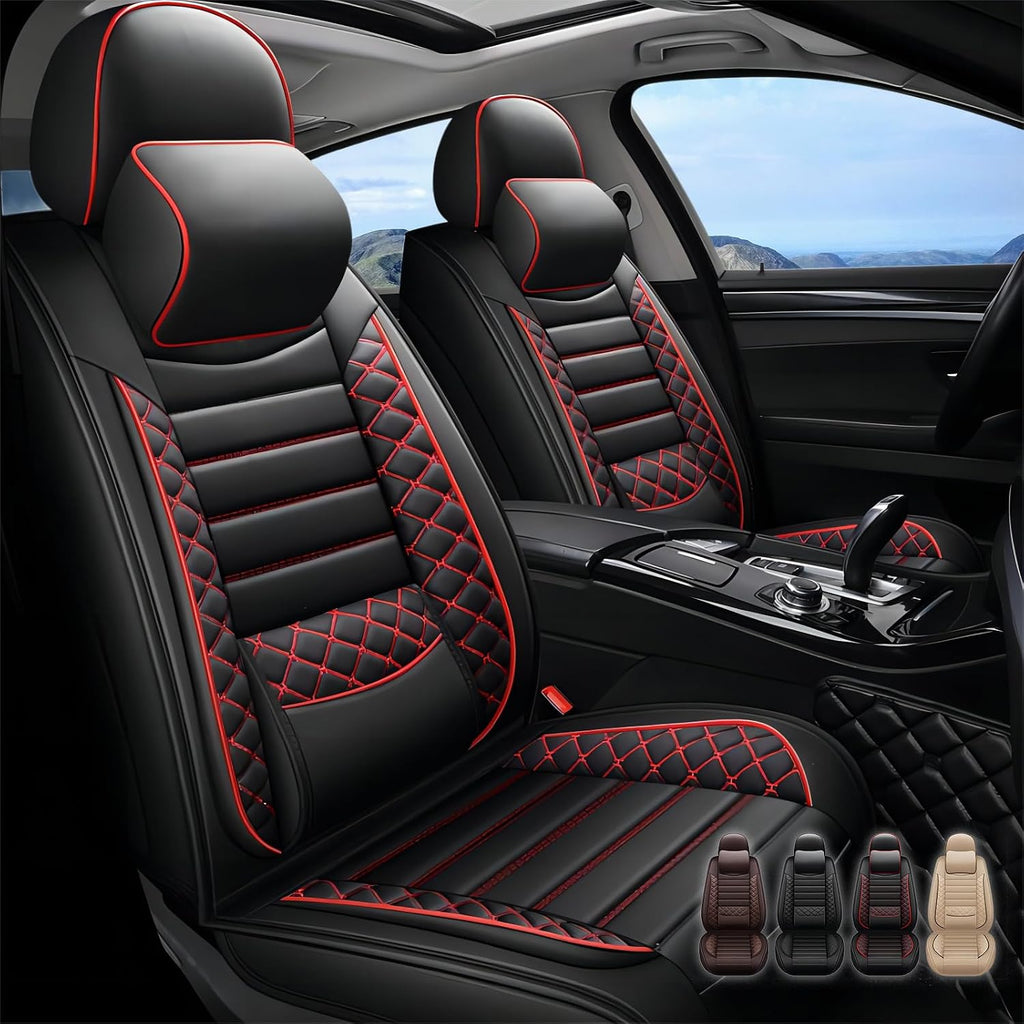Seat Covers for Jeep Grand Cherokee 2011-2024 2025 2026,Full Set Luxury Leather Car Seat Cover Waterproof 5 Seat Protectors,Breathable Vehicle Seat Cover Airbag Compatible Cushion(Red Black, Pillows)