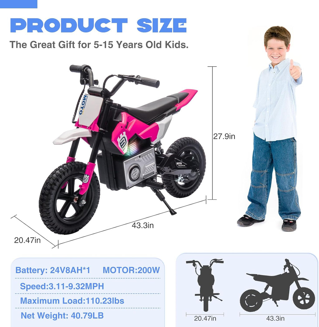 WEEROCK 24V Kids Electric Dirt Bike for 5-15 Years Old, Ride on E Motorcycle, 3.11-9.32MPH Speed, Rear Shock Absorber, LED Breath Lamp, Bluetooth for Boys Girls Children Electria Toy Gift, Pink