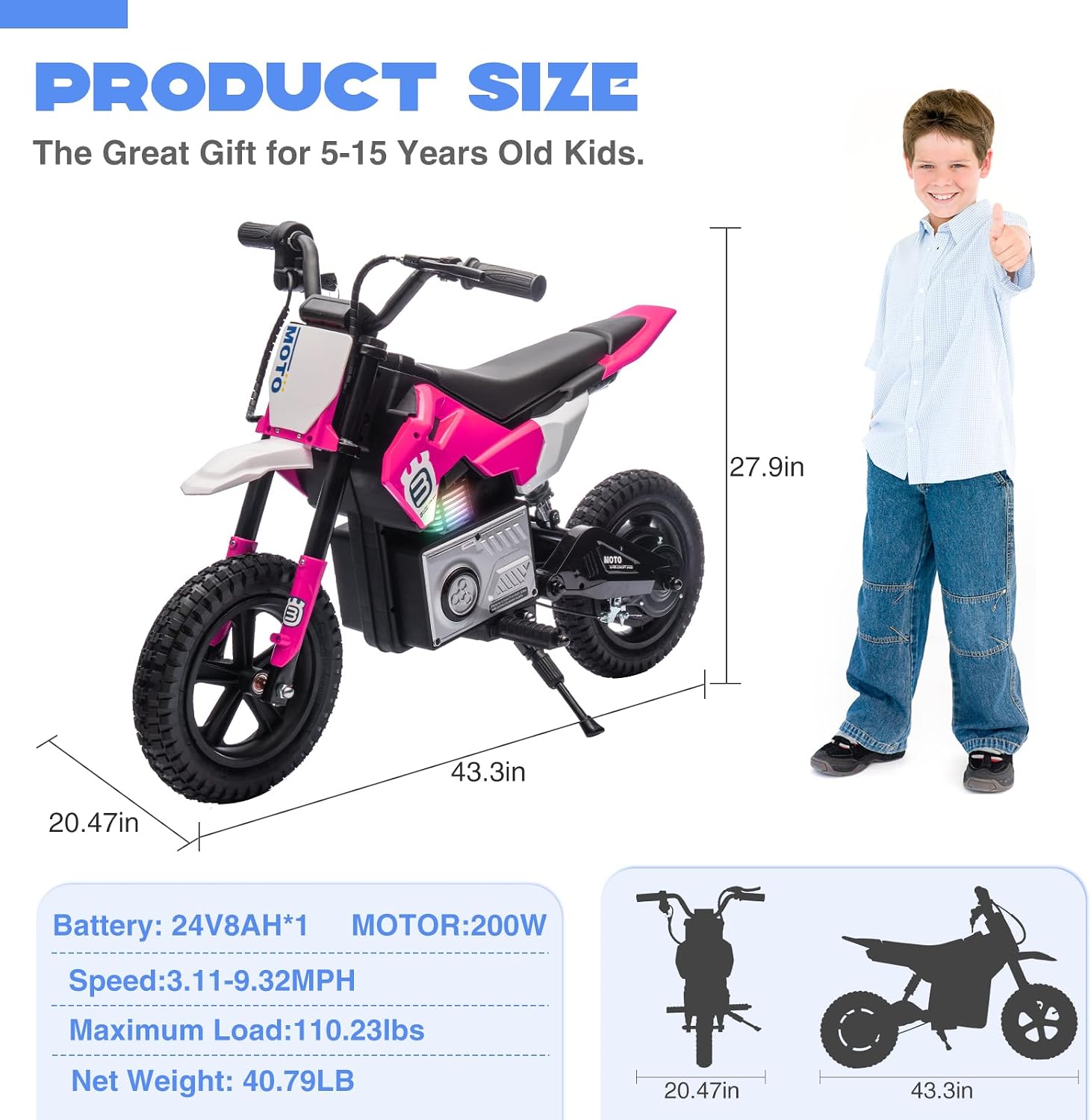 WEEROCK 24V Kids Electric Dirt Bike for 5-15 Years Old, Ride on E Motorcycle, 3.11-9.32MPH Speed, Rear Shock Absorber, LED Breath Lamp, Bluetooth for Boys Girls Children Electria Toy Gift, Pink