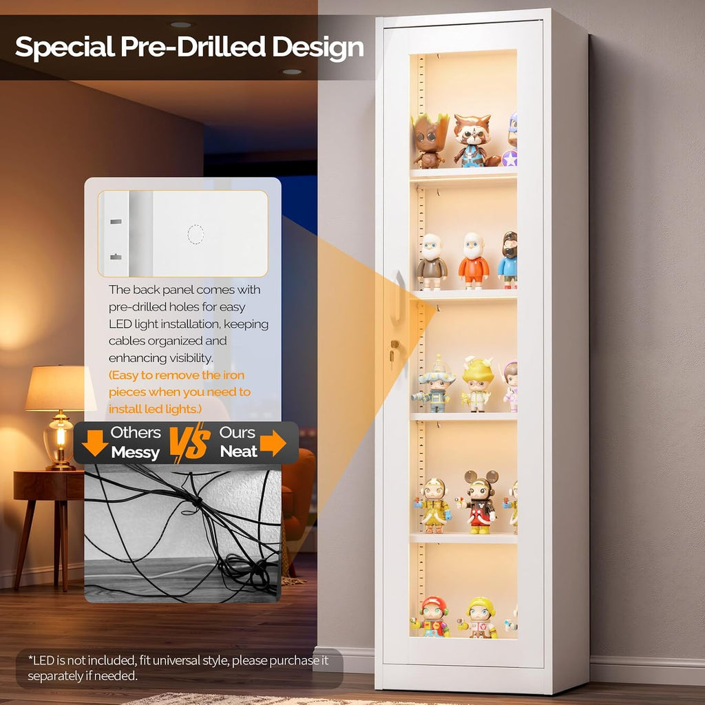 VINGLI Lockable Display Cabinet with Glass Door & 4 Adjustable Shelves, 65' Tall Metal Storage Cabinet Curio Liquor, Bookshelf Bookcase for Home Office Living Room Pantry Garage (White)