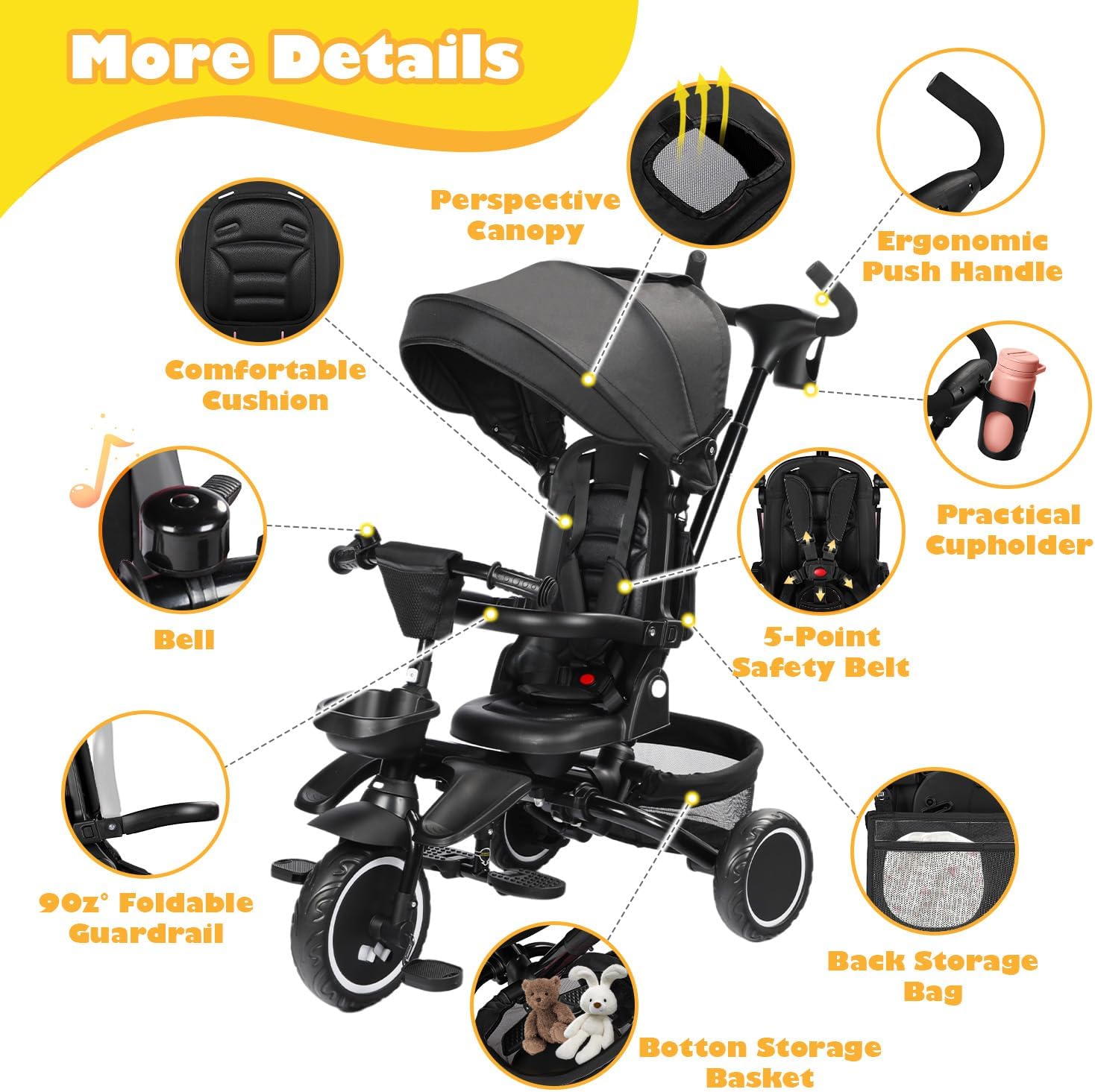 TODEFULL Folding Kids Tricycle, 8 in 1 Toddler Trike W/Removable & Adjustable Canopy, Parent Handle, 5-Piont Harness, Toddler Bike Tricycle for Kids 1-6 Years, EVA Wheels, Storage Basket, Black