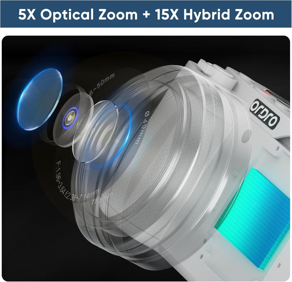 ORDRO 5K Digital Camera for Photography, 16-80 mm Wide Angle Cameras,15X Zoom Camera with 64GB Card, Vlogging Camera for YouTube w/Flip Screen, AutoFocus, WiFi & App Control