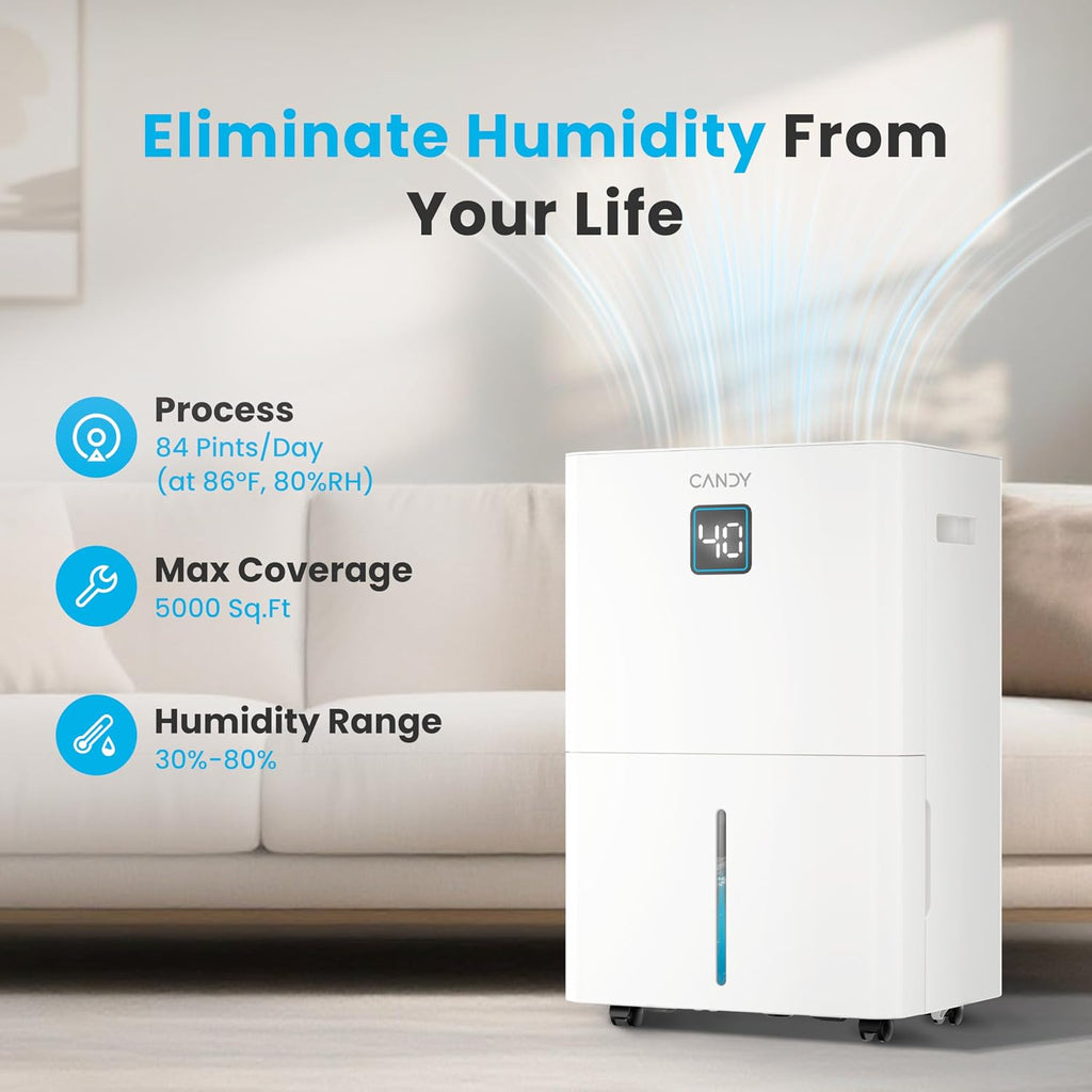 Candy 5500 Sq. Ft Dehumidifier for Basement, Max 100 Pint/Day Large Dehumidifiers for Home with Drain Hose, 1.45 Gallons Water Tank, Intelligent Humidity Reminder with Wifi & Alxea Control