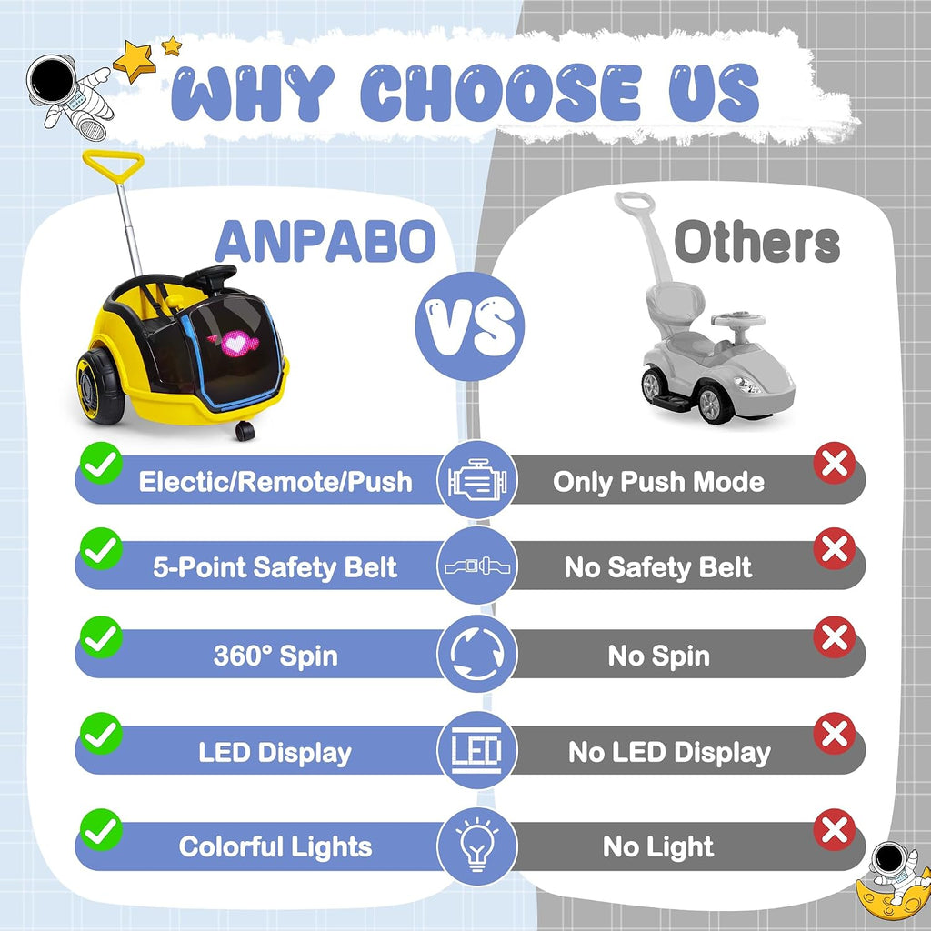 ANPABO 3-in-1 Electric Push Ride On Car, 12V Kids Ride On Toy w/Remote Control, 360° Spin, LED Display, 5-Point Safety Belt, Colorful LED Light, Music Player, Push Car for Toddler Ages 1-3 (Yellow)