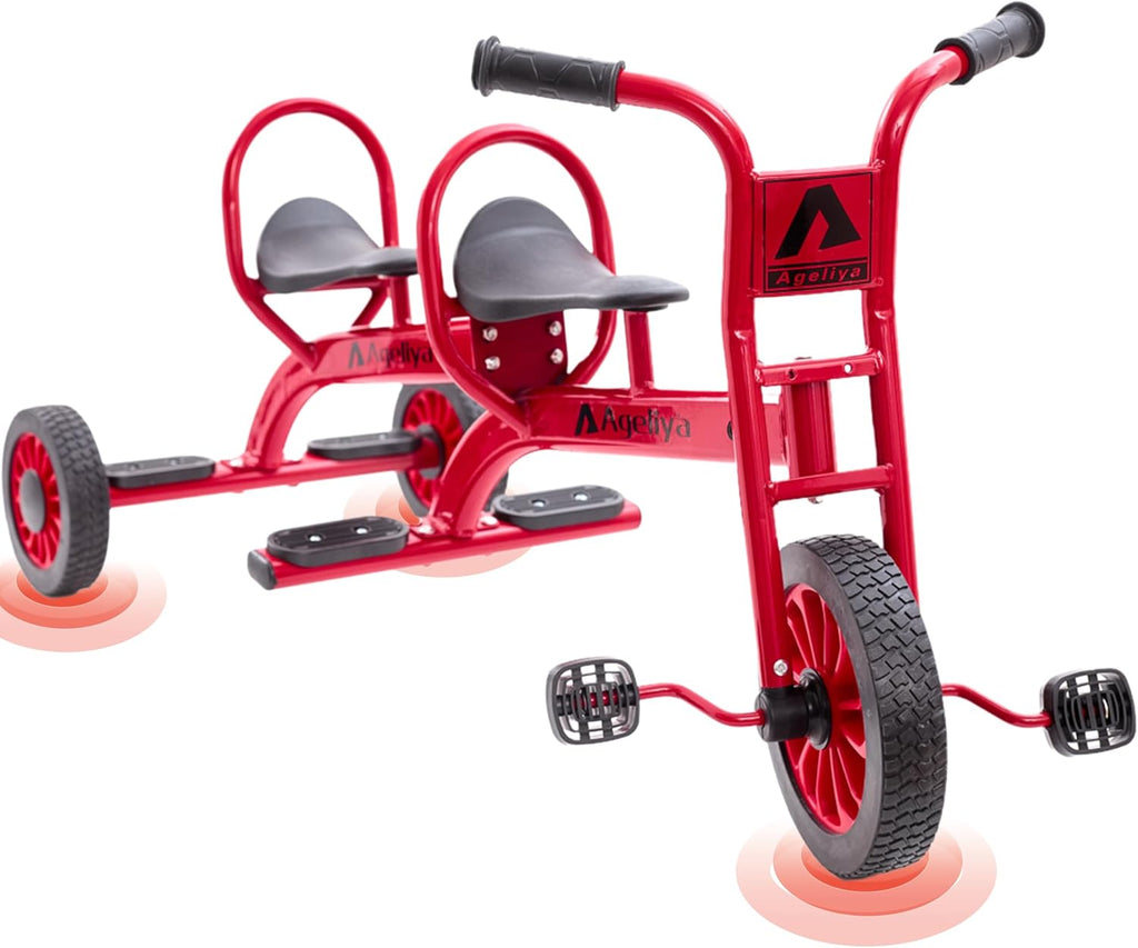 Tandem Tricycles for Kids 5-7 Year Olds, 2 Seater Preschool Pedal Kids' Trike with Solid Rubber Tires & Sturdy Metal Frame, Elementary School Daycare Kindergarten Outdoor Playground Equipment