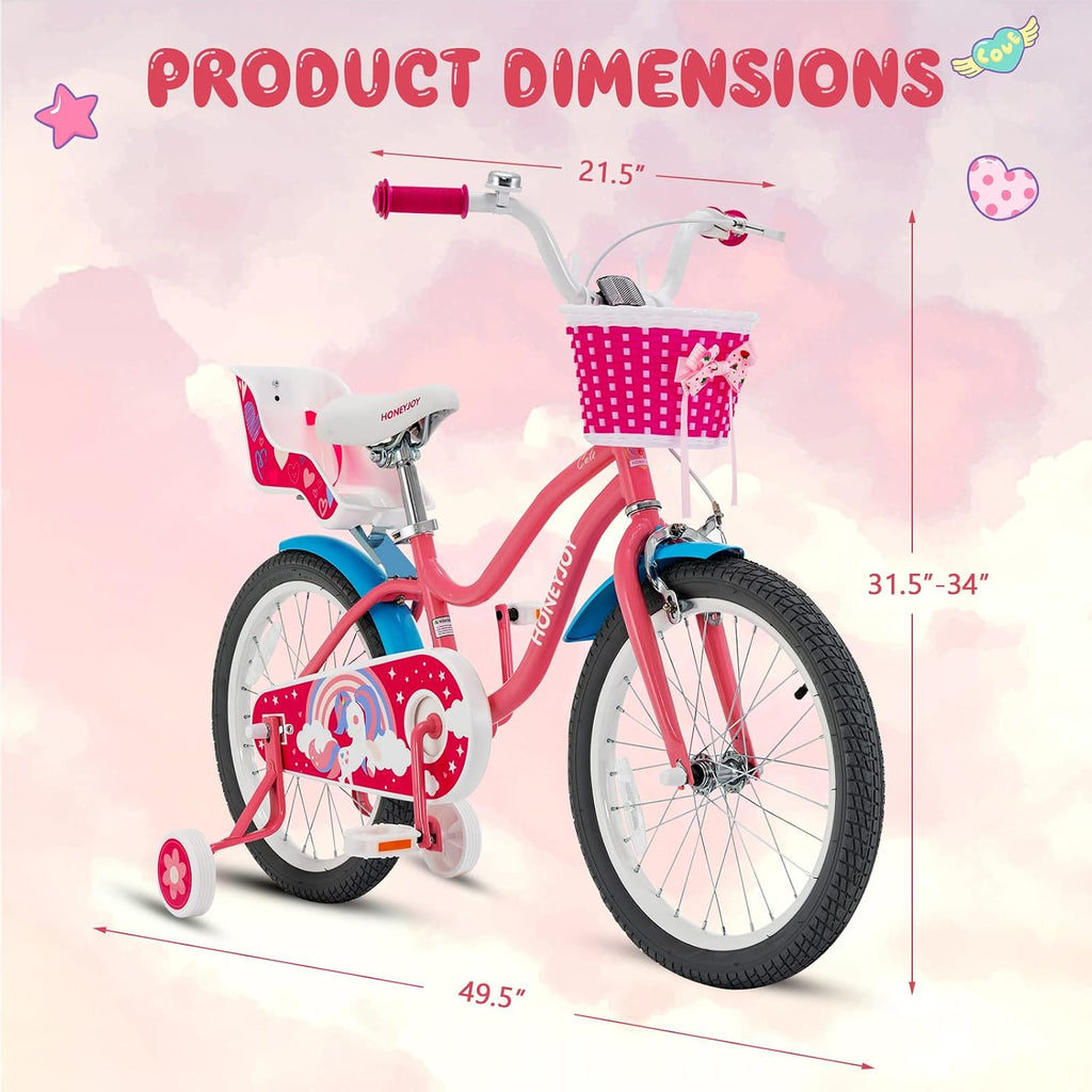 HONEY JOY Kids Bike, 14 16 18 Inch Girls Bike for Toddlers w/Training Wheels, Handbrake & Coaster Brake, Steel Frame, Fully Enclosed Chain, Little Princess Style Children Bicycle, Gift for Girls 3-8