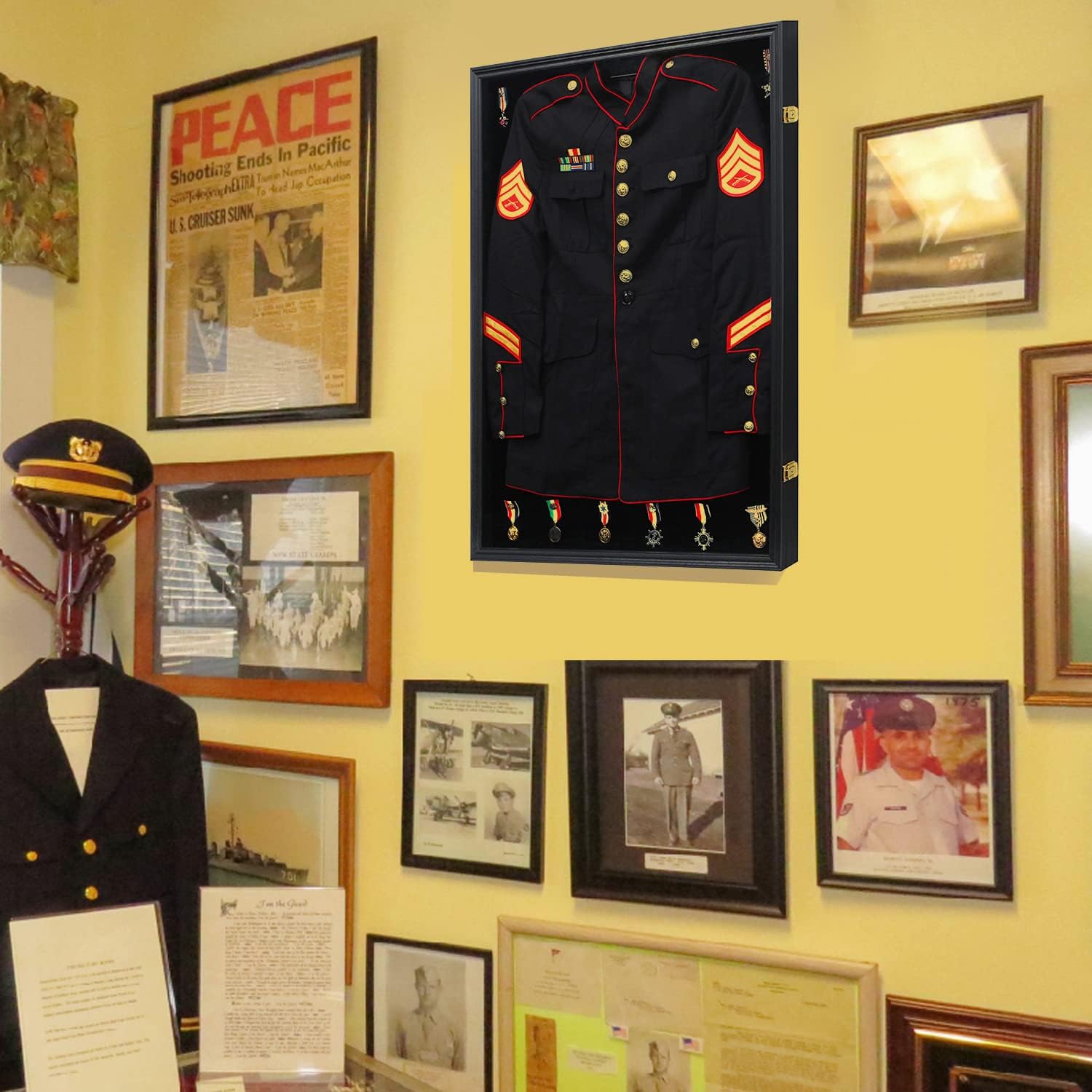 KCRasan Military Uniform Display Case - Police Uniform Display Frame - Uniform Shadow Box Wall Cabinet with Uv Protection Acrylic Door for Collection Military Uniform Black