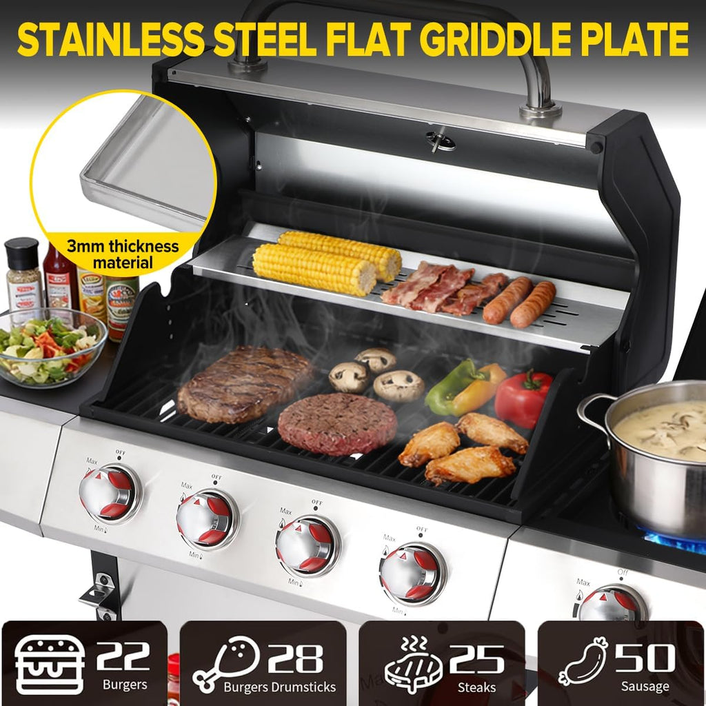 CIG GARDEN 4-Burner Gas & Charcoal Combo Grill with Side Burner - 3-in-1 Propane BBQ Grill, Griddle and Smoker | 52,000 BTU Stainless Steel Outdoor Grill for Backyard, Patio, Camping