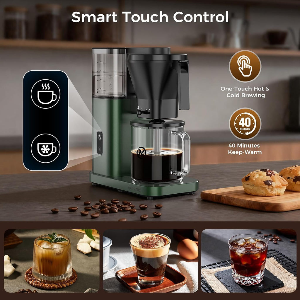 Kismile SCA-Certified 8 Cup Drip Coffee Maker, Pour Over Coffee Machine with 3s Instant Heat 197–205℉, Adjustable Flow Control, Removable Water Tank, Deep Cold Brew & 40 Min Keep Warm (Juniper)