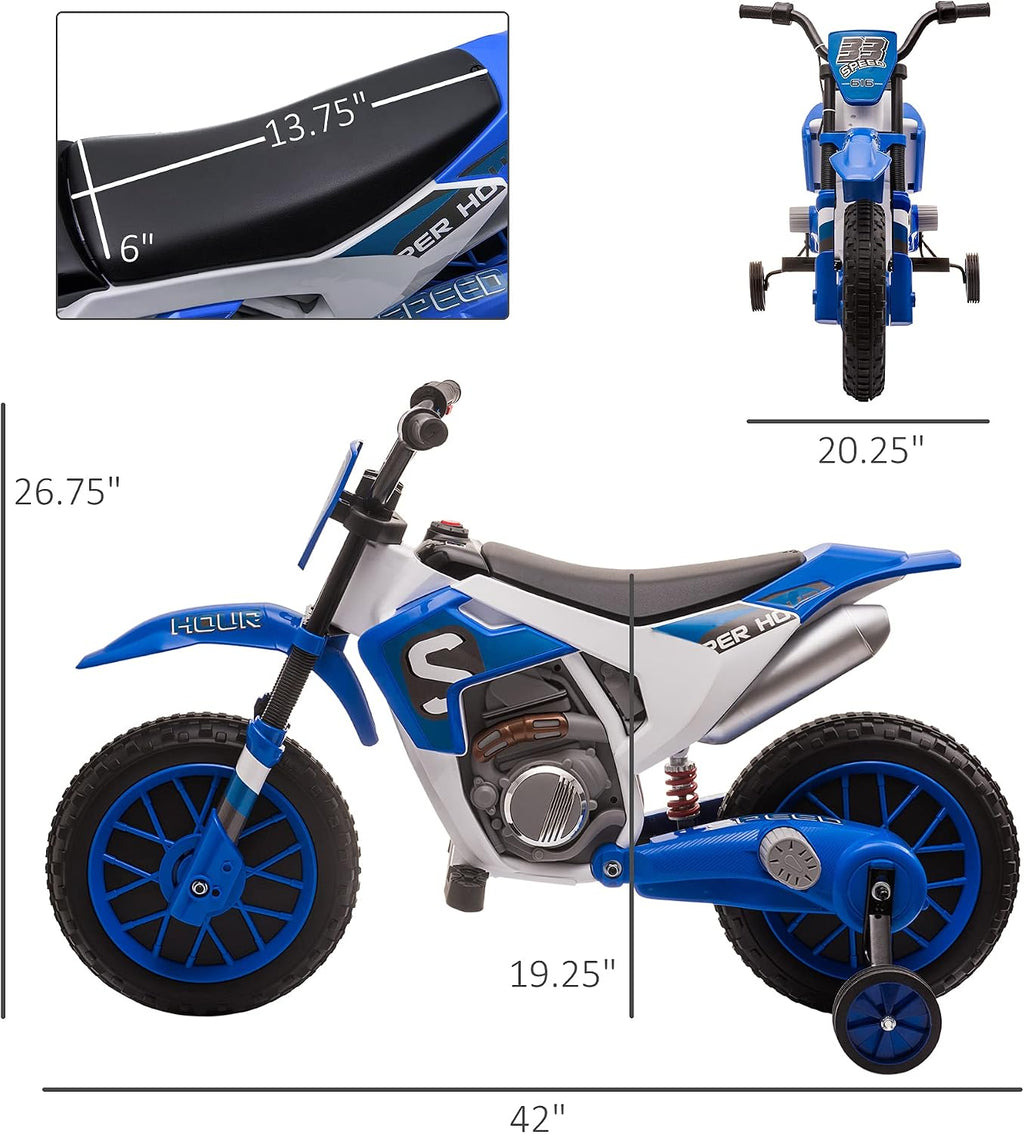 Aosom 12V Kids Motorcycle w/Treaded Tires, 5mph Top Speed Electric Bike for Kids, Ride On Motorcycle w/Training Wheels, Battery Charger, Spring Suspension, Blue