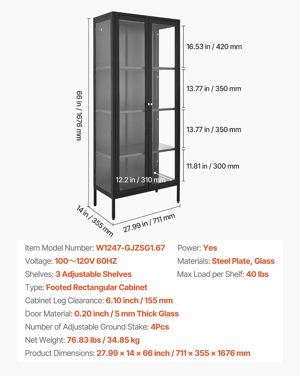 VEVOR Display Cabinet with Glass Door, 66 in Tall 4-Tier Lighted Display Case with 3 Color Lights, Metal Storage Cabinet with 3 Adjustable Shelves, Curio Cabinet for Collectibles Figures Trophy