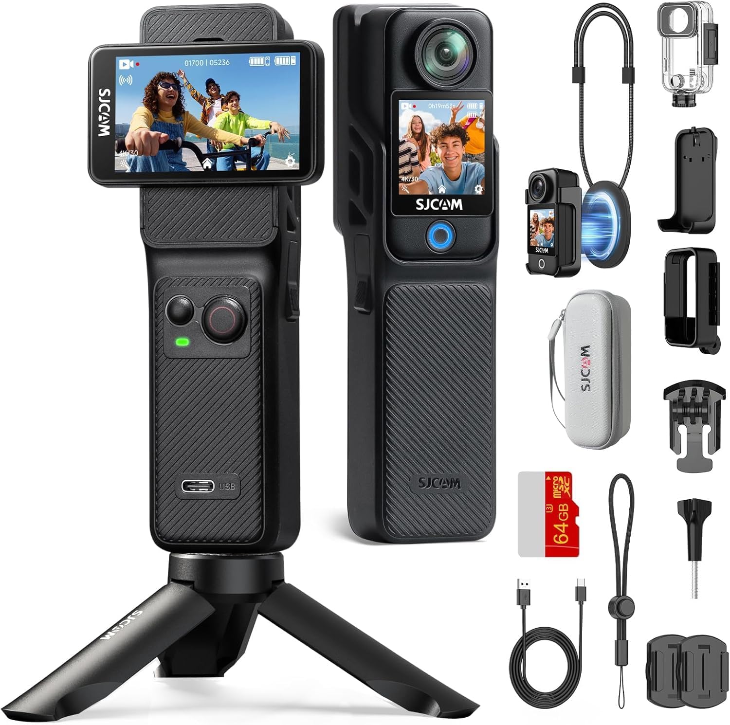 SJCAM C400 Vlogging Camera,64GB 4K Image,7H Power use,6-Axis Stabilizer,for Vlogs influencers,2.29'' Touch Screen,30M Waterproof Body Cam,Vlogging for YouTube,Black,Camara para grabar contenido