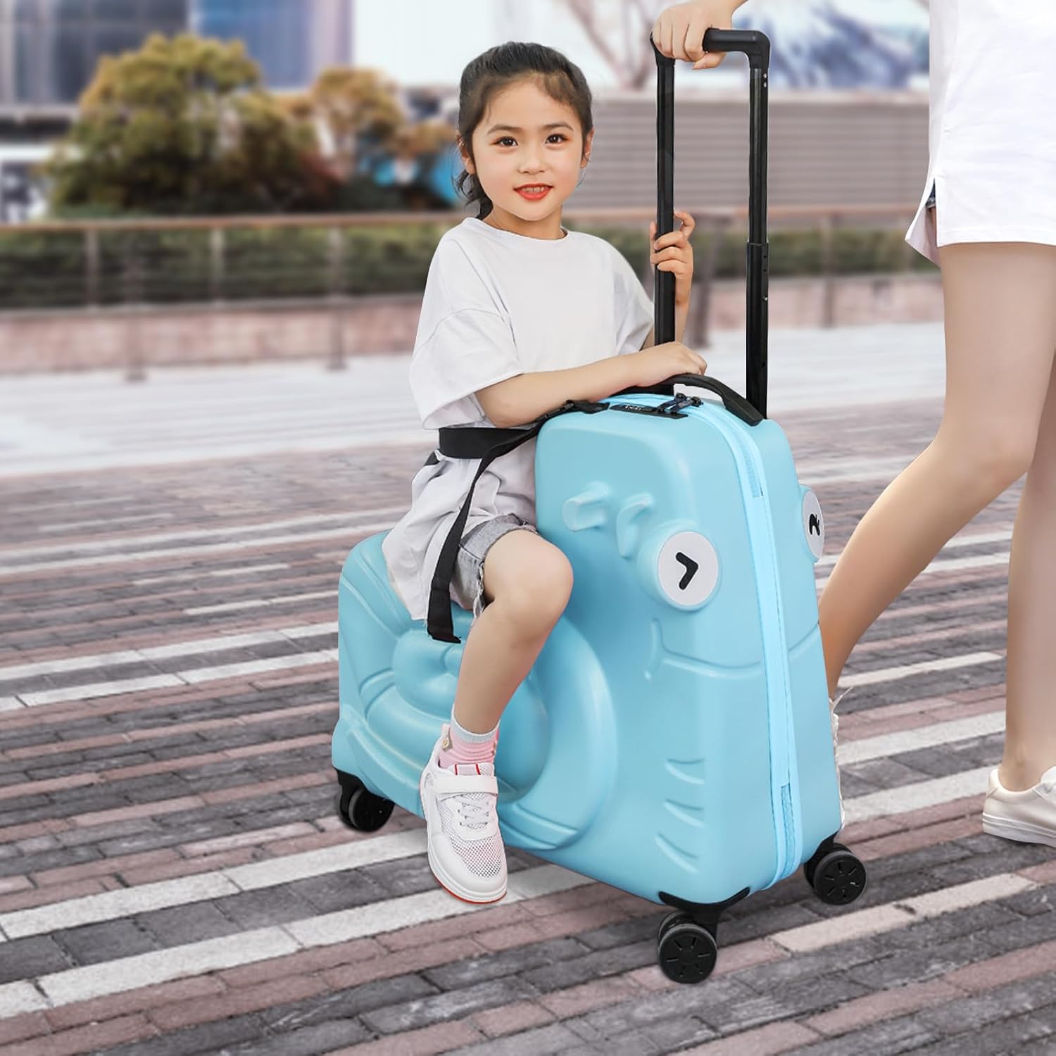 Blue 20-Inch Kids Ride-On Luggage with Spinner Wheels, Sit-On Carry-On Trolley Suitcase, Toddler Travel Trunk with Password Lock, Lightweight Cabin Case for Boys Girls, Under-Seat Size, Ride Box