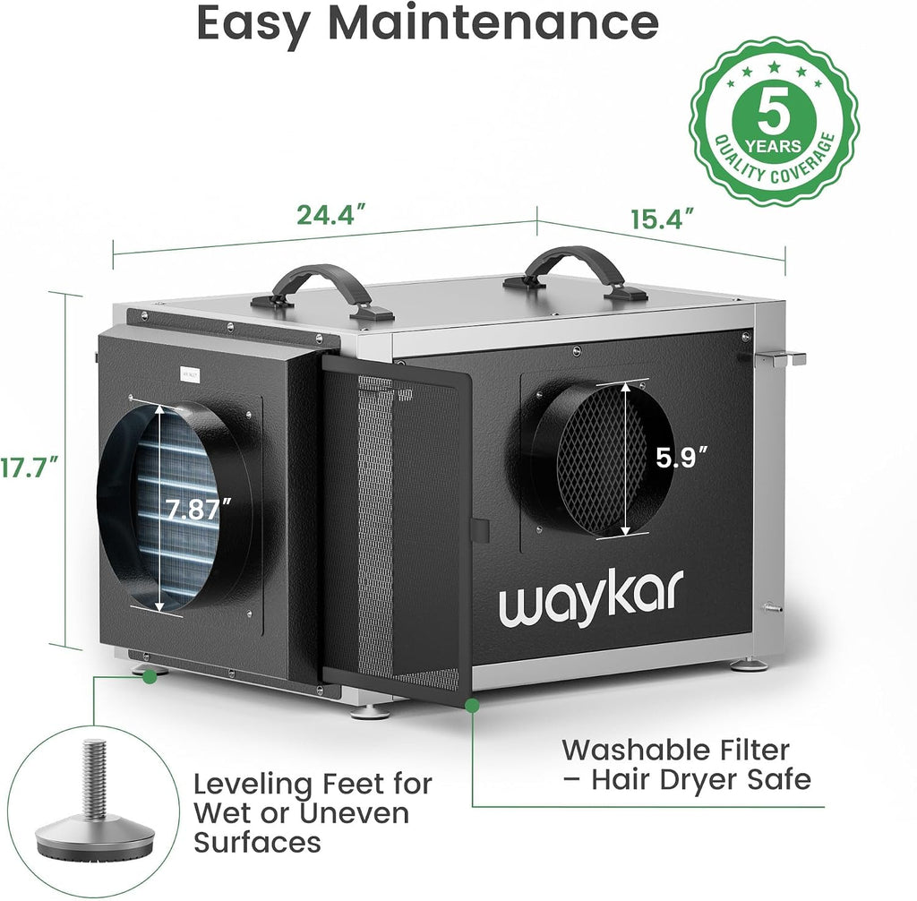 Waykar 158 Pints Crawl Space Dehumidifier with Remote Control and Pump, Dual Duct HVAC Commercial Whole-House Dehumidifier for Basement, Industry Water Damage Unit - 5-Year Quality Coverage