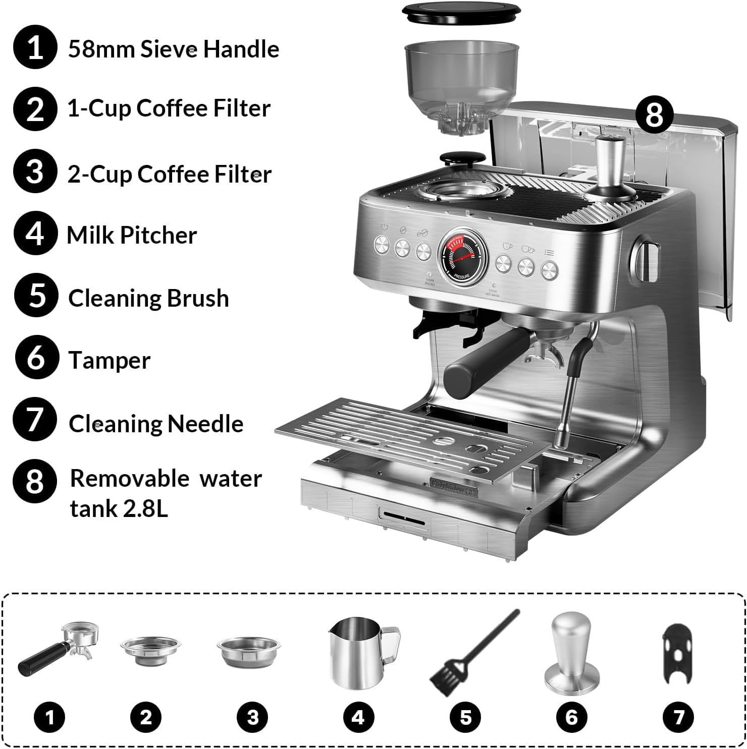 20 Bar Espresso Machine with Grinder & Milk Frother, Coffee Machine with 96Oz Removable Water Tank, Professional Espresso Maker for Home Café, Stainless Steel Coffee Maker for Cappuccino, Latte