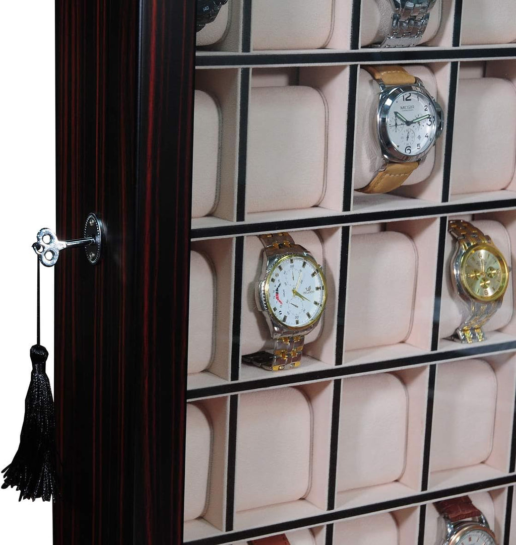 TIMELYBUYS 30 Piece Ebony Wood Watch Display Wall Hanging Case and Storage Organizer Box and Stand Father's Day Gift