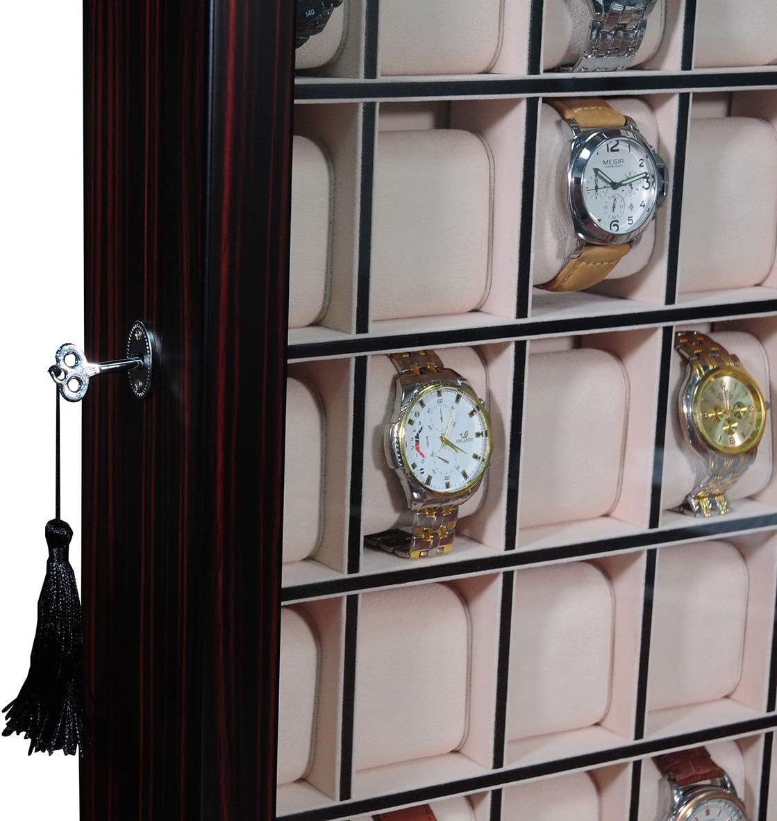 TIMELYBUYS 30 Piece Ebony Wood Watch Display Wall Hanging Case and Storage Organizer Box and Stand Father's Day Gift