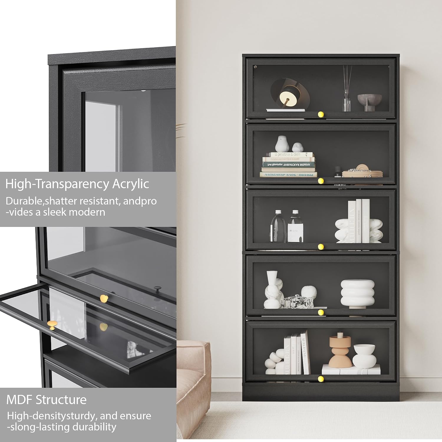 Display Cabinet with Acrylic Glass Doors,5-Tiers Curio Cabinet with LED Lighting for Collectibles, Collectibles Toy Organizers Rack & Display Shelf Display Case Storage Cabinet, Black