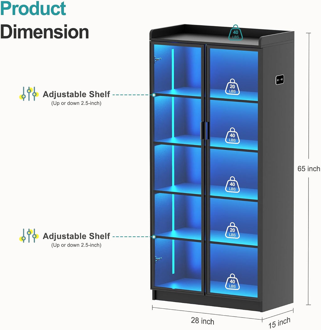Lvifur 5 Tier Display Cabinet for Living Room, LED Bookcase with Human Body Induction Lights, 65' Tall Curio Cabinets with Adjustable Shelves for Office (Black)