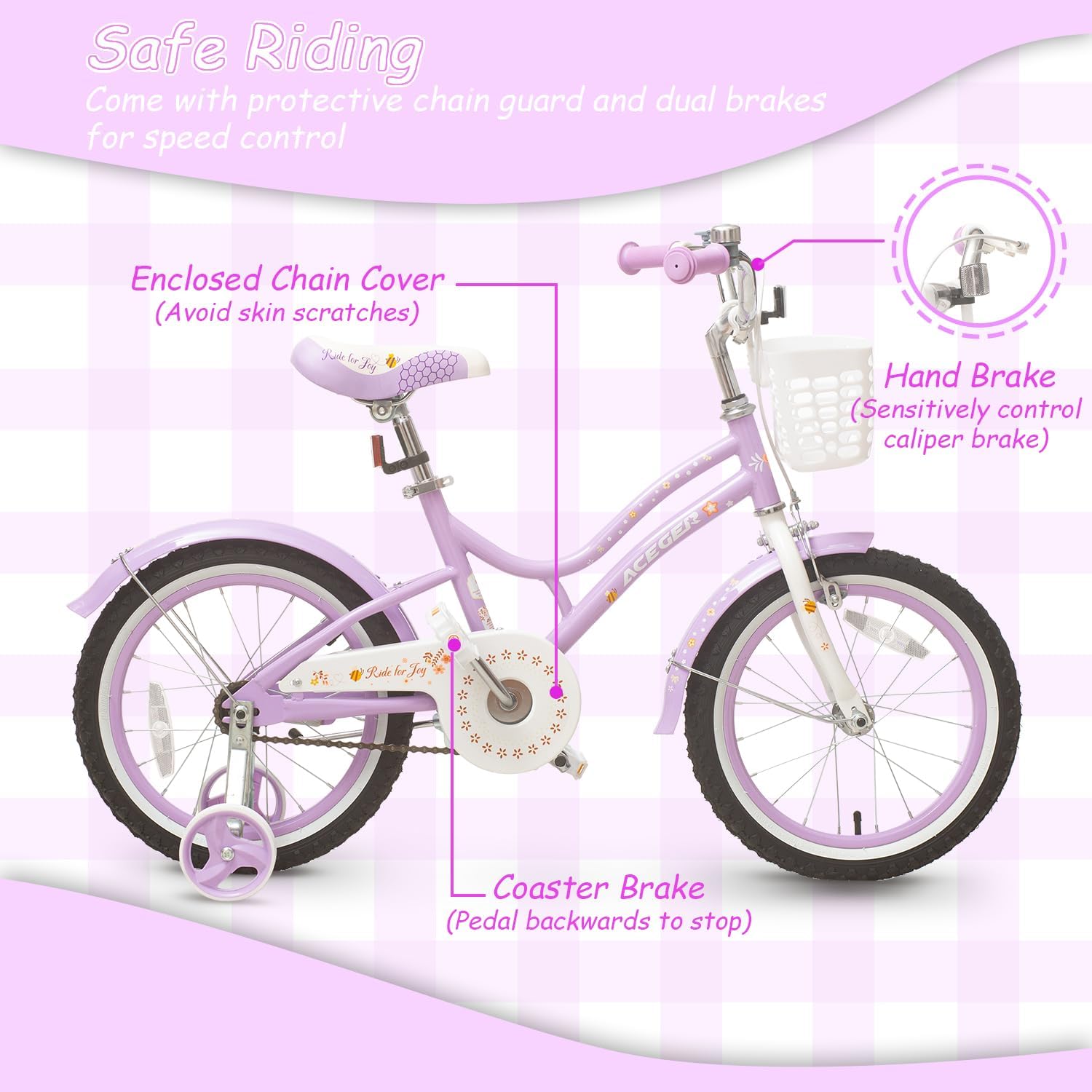 ACEGER Kids Bike for 2-14 Years Old, 12 14 16 18 Inch Girls Bike with Removable Training Wheels, 20 Inch Kid's Bicycle with Kickstand only, Adjustable Seat, Steel Frame & Dual Brakes