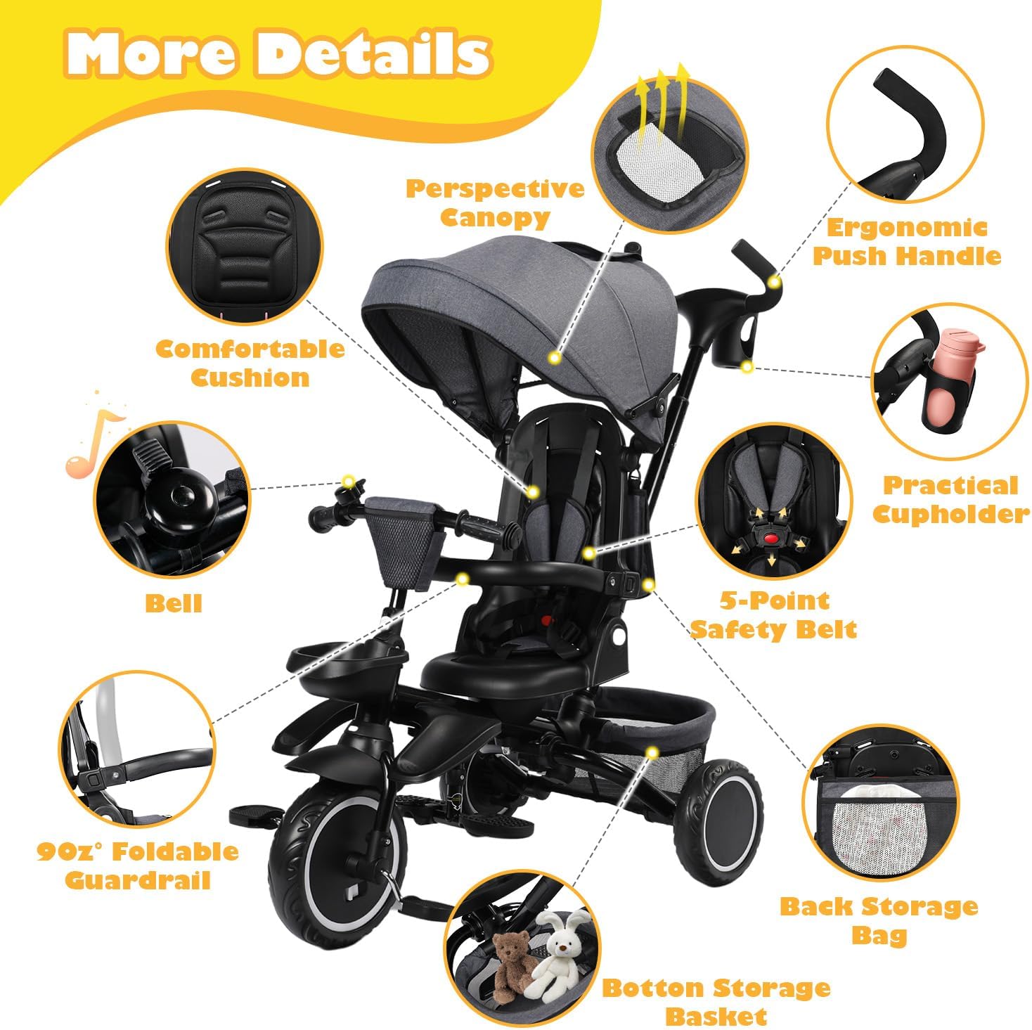 TODEFULL Folding Kids Tricycle, 8 in 1 Toddler Trike W/Removable & Adjustable Canopy, Parent Handle, 5-Piont Harness, Toddler Bike Tricycle for Kids 1-6 Years, EVA Wheels, Storage Basket, Grey