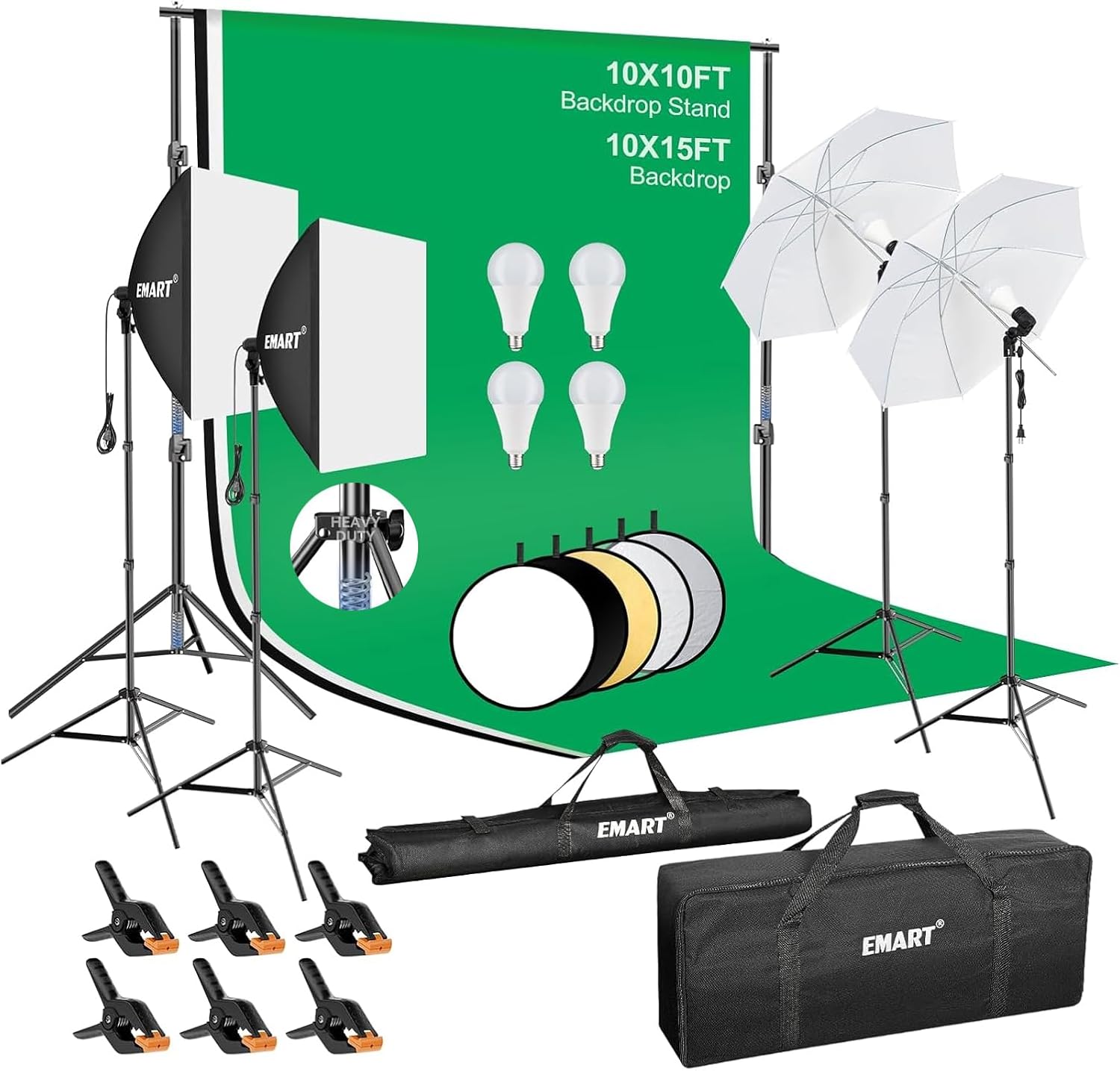 EMART 10 x 10 ft Heavy Duty Backdrop Support System, Professional Photography Lighting Kit with 5500K 50W LED, 10 * 15ft Backdrop *3, Reflector, Umbrellas&Softbox Lighting Kit for Studio, Portrait