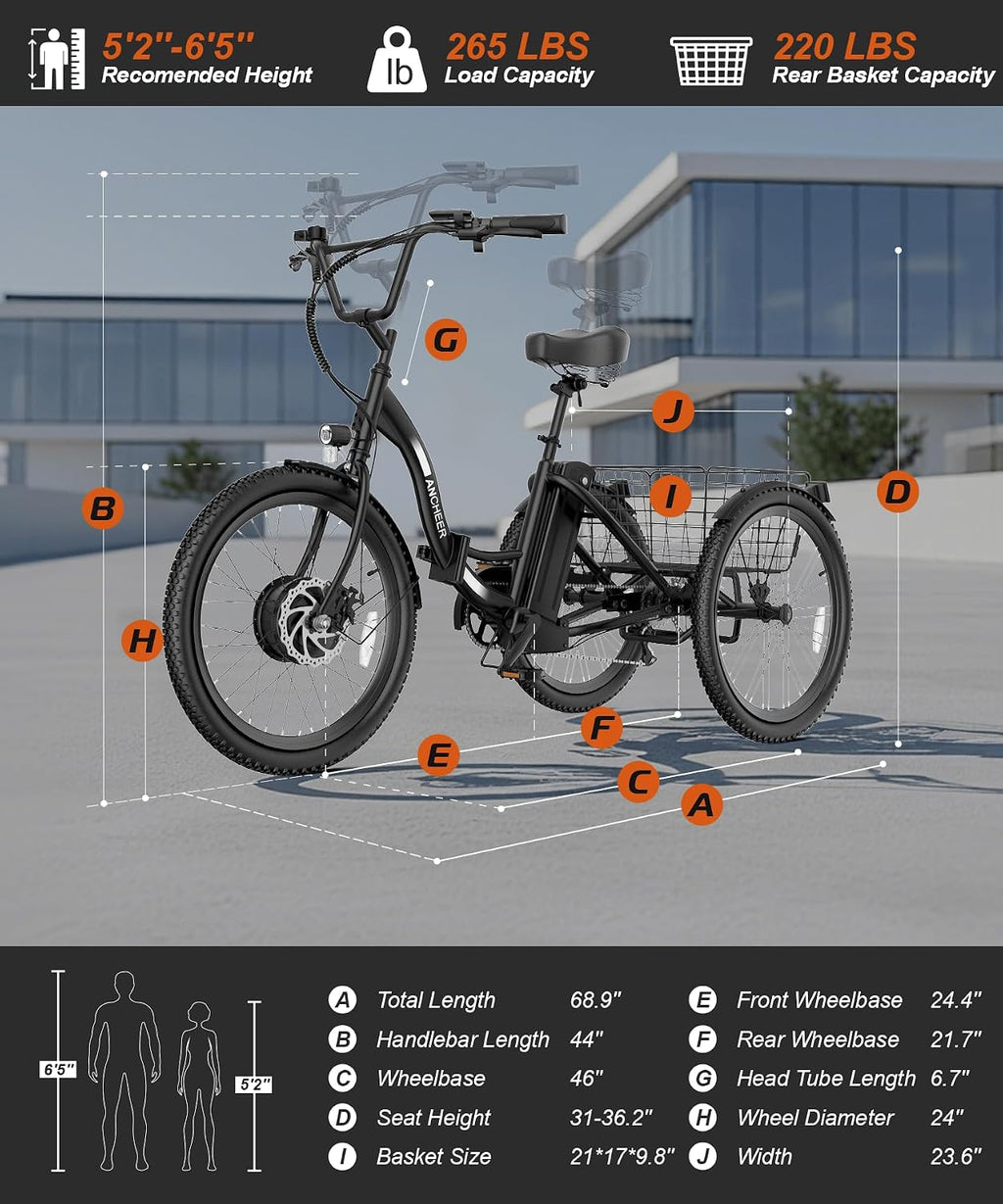 ANCHEER Electric Tricycle for Adults, Peak 600W Folding Electric Trike, 24' 499Wh Ebike for Seniors, 15.5MPH Electric Bike, Removable Battery, 3 Wheel, LCD, Rear Differential, Basket
